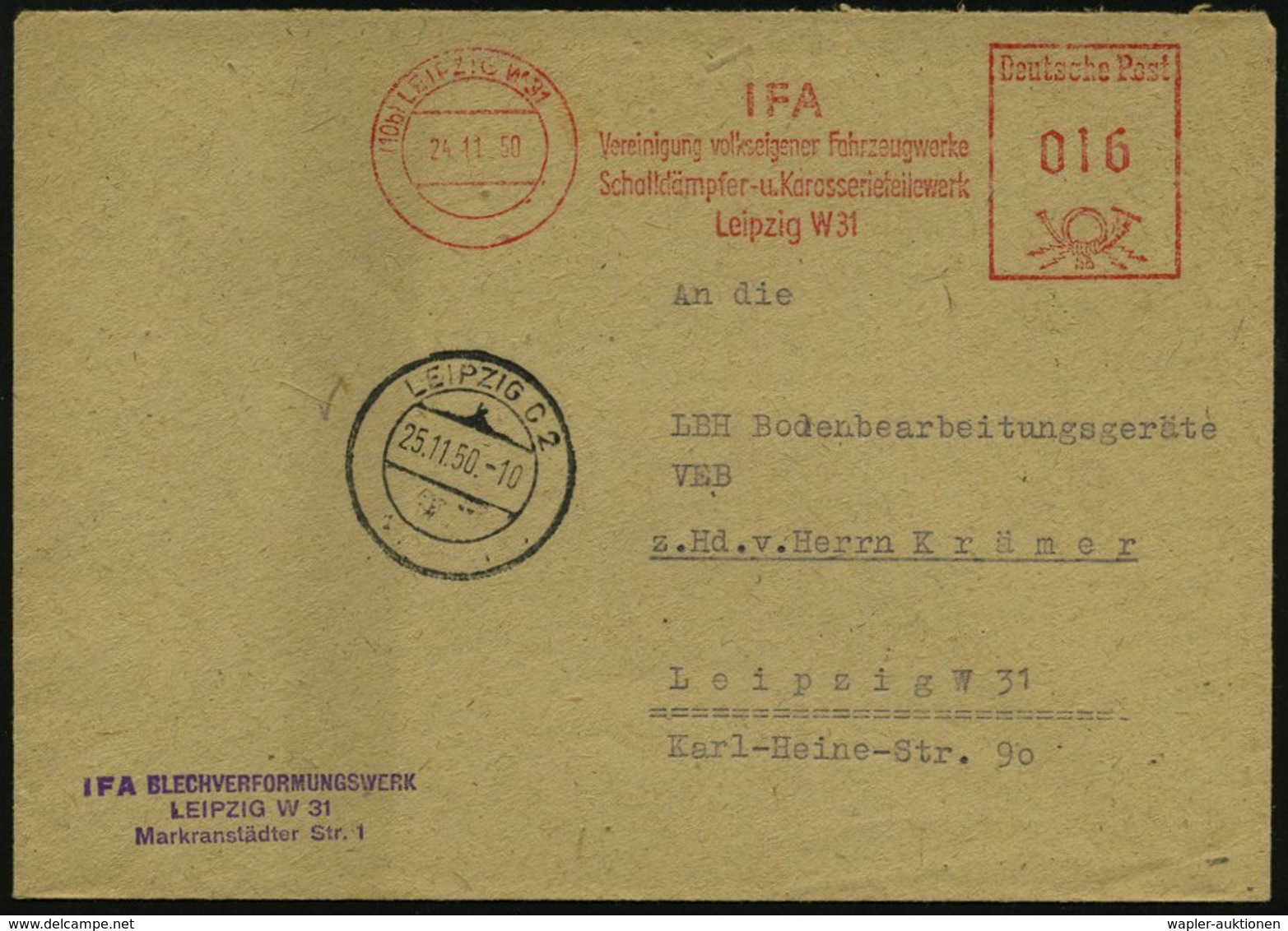 1950 (24.11.) (10 B) LEIPZIG W 31, Absender-Freistempel: IFA, Vereinigte Volkseigene Fahrzeugwerke, Schalldämpfer- U. Ka - Other & Unclassified