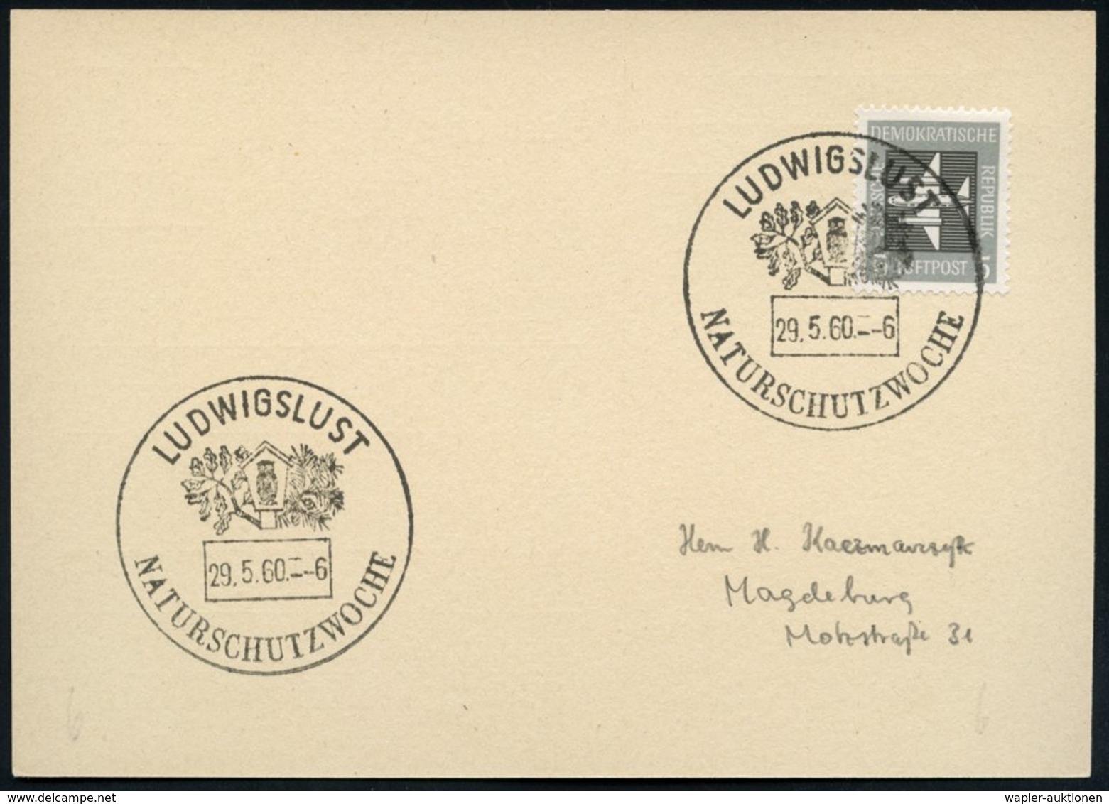 1960 (Mai) LUDWIGSLUST, Handwerbestempel: NATURSCHUTZWOCHE (Naturschutz-Logo: Uhu, Eichen- U. Kiefernzweig) Inl.-Karte ( - Other & Unclassified