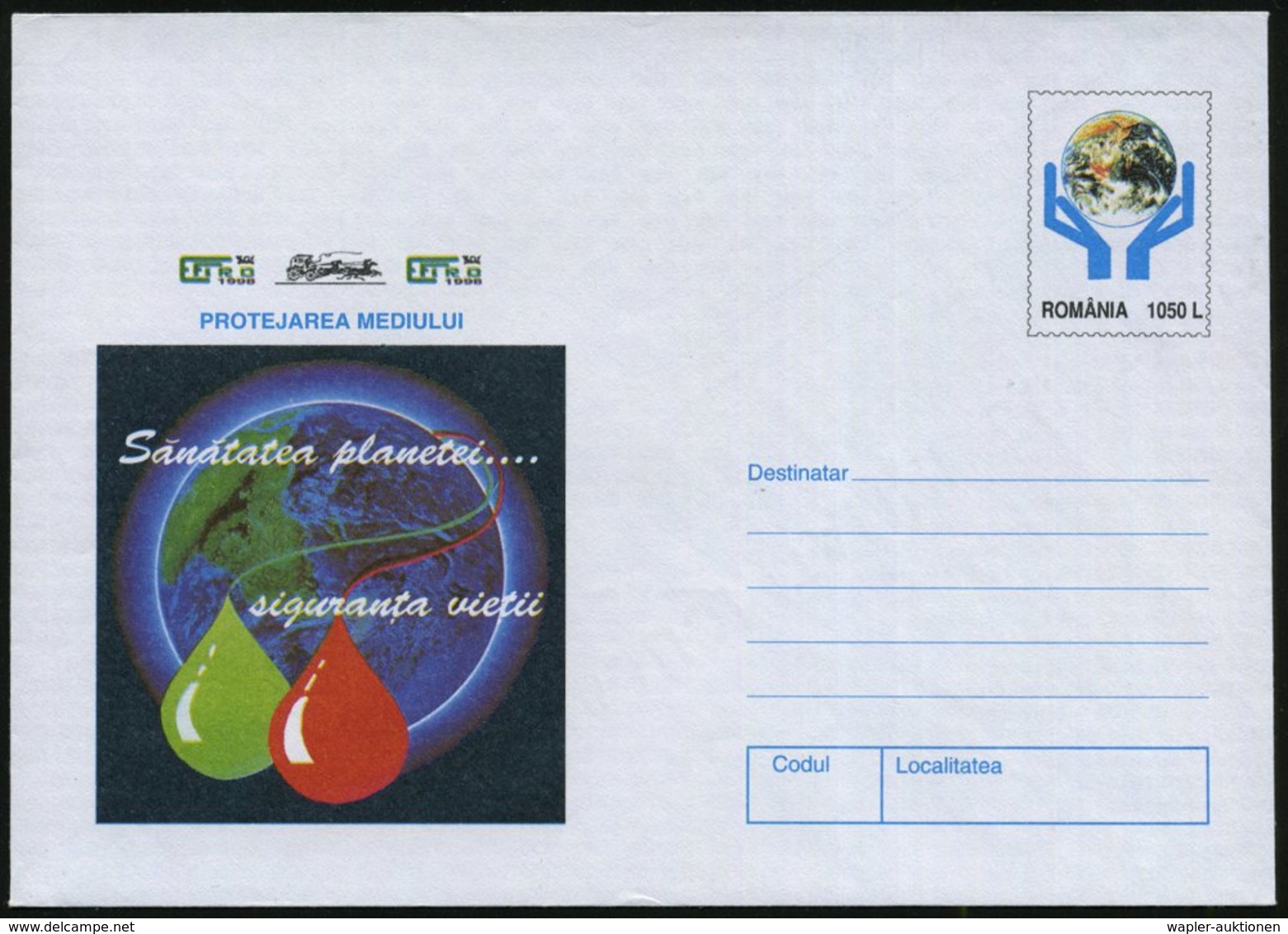 1998 RUMÄNIEN, 1050 L. Sonder-Ganzsachen-Umschlag: Naturschutz "Ein Gesunder Planet - Ein Sicheres Leben" (2 Tropfen Vor - Sonstige & Ohne Zuordnung
