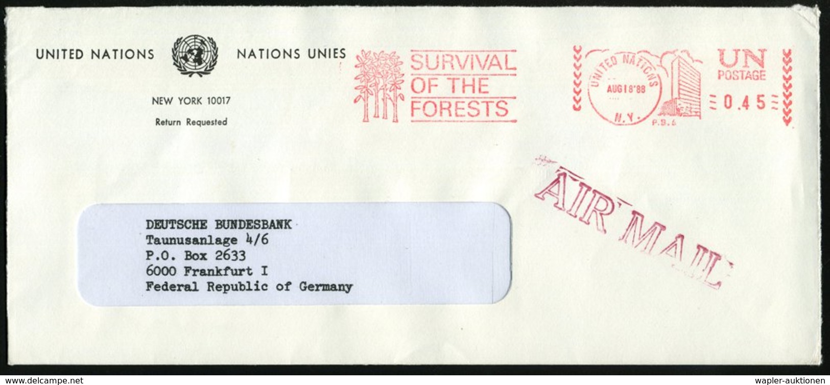 1988 UNO, NEW YORK, Absender-Freistempel: UNITED NATIONS, N.Y. SURVIVAL OF THE FORESTS (Bäume) UN-Übersee-Dienstbrief -  - Other & Unclassified