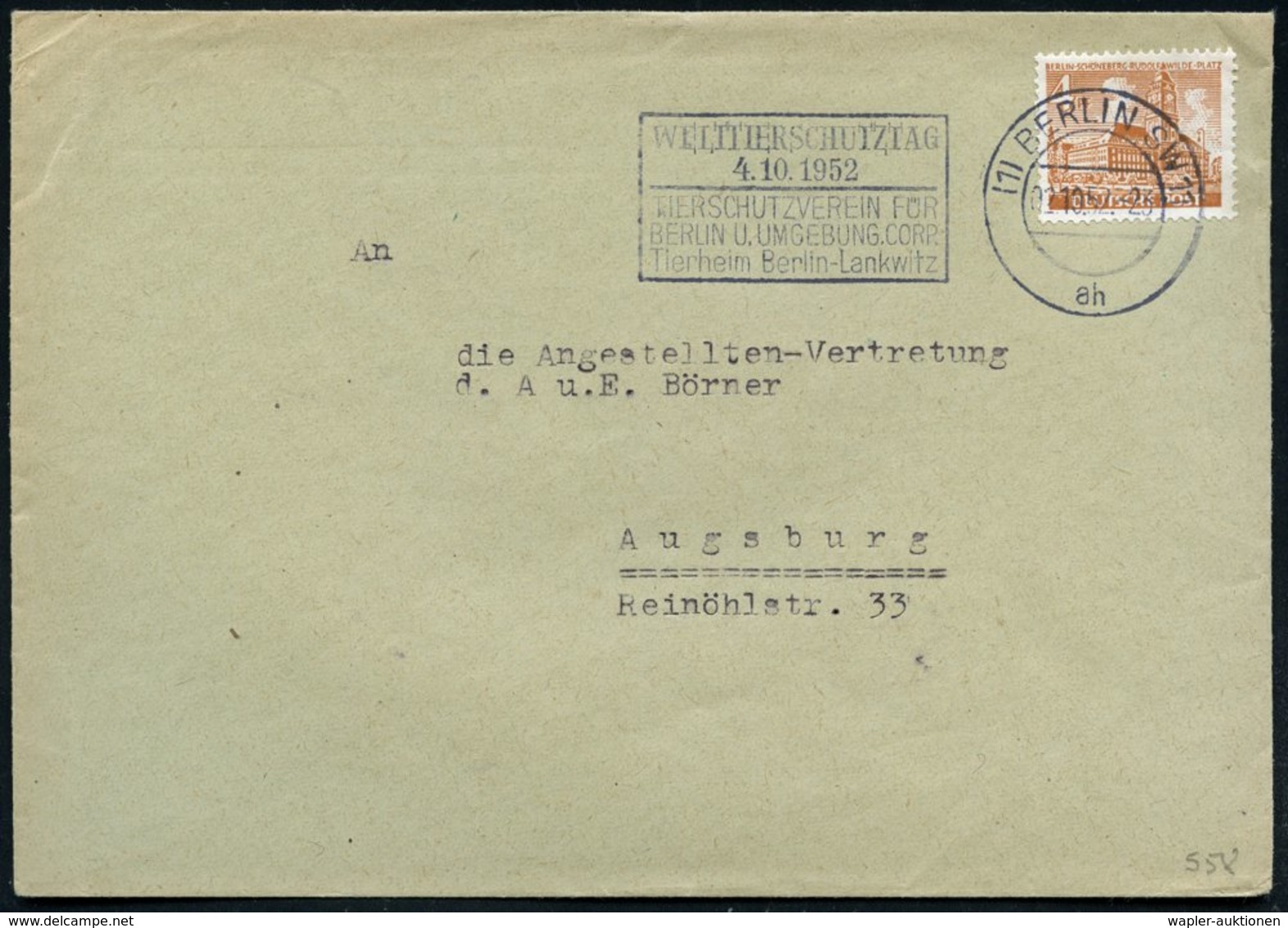 1952 (2.10.) (1) BERLIN SW 11, Maschinen-Werbestempel: WELTTIERSCHUTZTAG 4.10. 1952, TIERSCHUTZVEREIN FÜR BERLIN.., Beda - Other & Unclassified