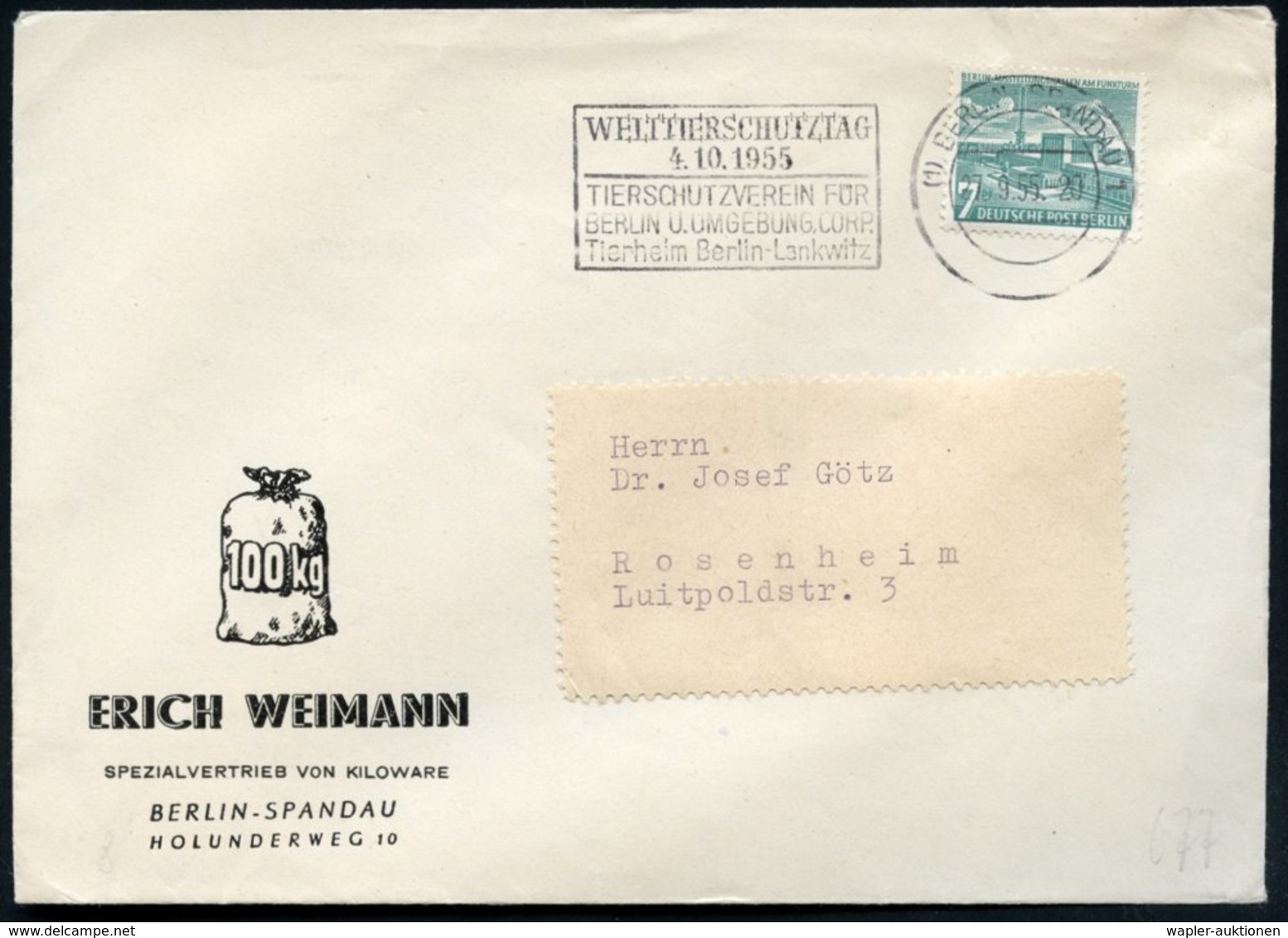 1955 (23.9.) (1) BERLIN-SPANDAU 1, Maschinen-Werbestempel: WELTTIERSCHUTZTAG 4.10. 1955, TIERSCHUTZVEREIN FÜR BERLIN..,  - Other & Unclassified