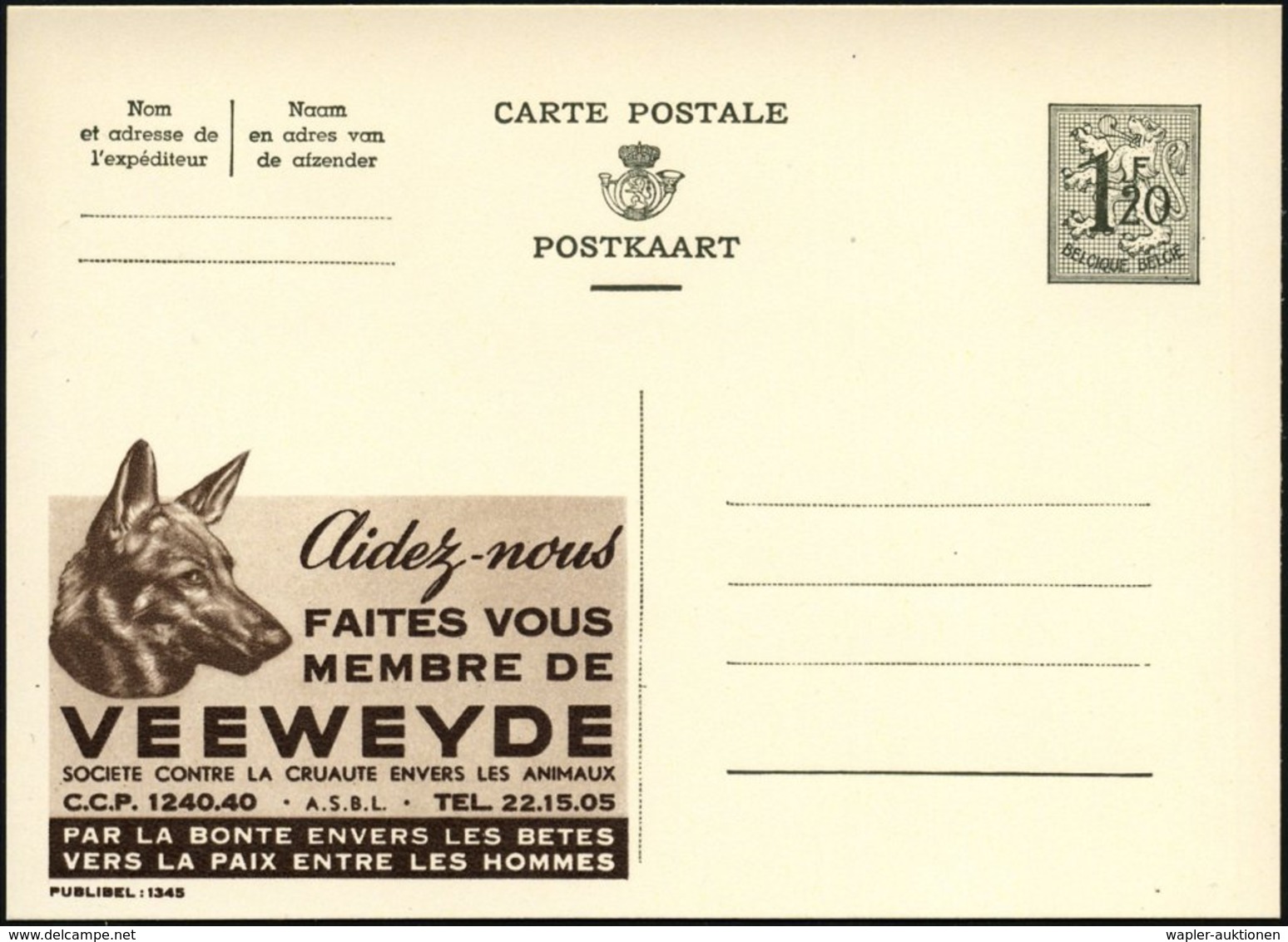 1954 BELGIEN, 1,20 F. Publibel-Ganzsache: Aidesz-nous.. SOCIETE CONTRE LA CRUAUTE ENVERS LES ANIMAUX (Schäferhundkopf) U - Other & Unclassified