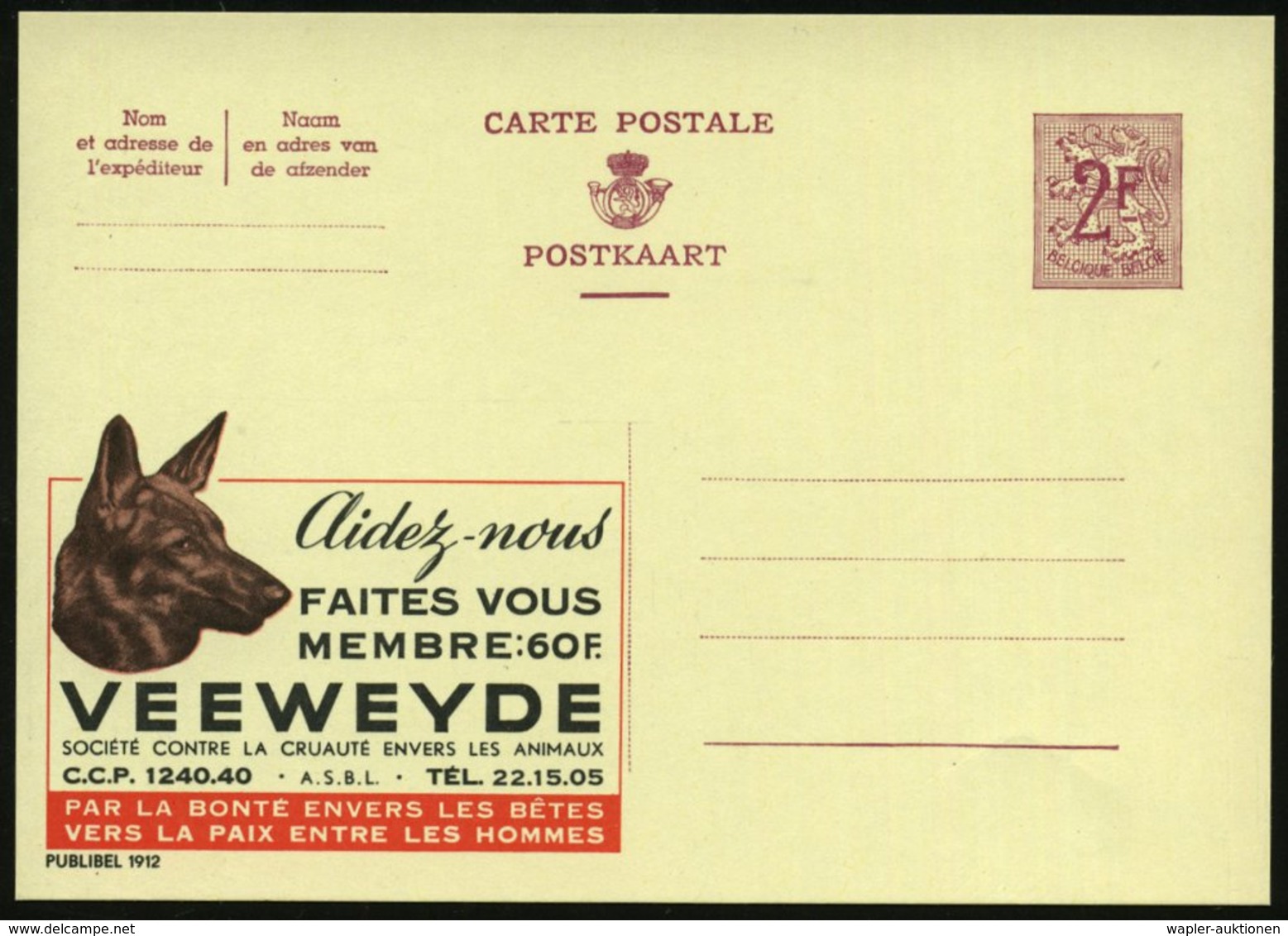 1959 BELGIEN, 2 F. Publibel-Ganzsache: Aidesz-nous.. SOCIETE CONTRE LA CRUAUTE ENVERS LES ANIMAUX (Schäferhundkopf) Unge - Other & Unclassified