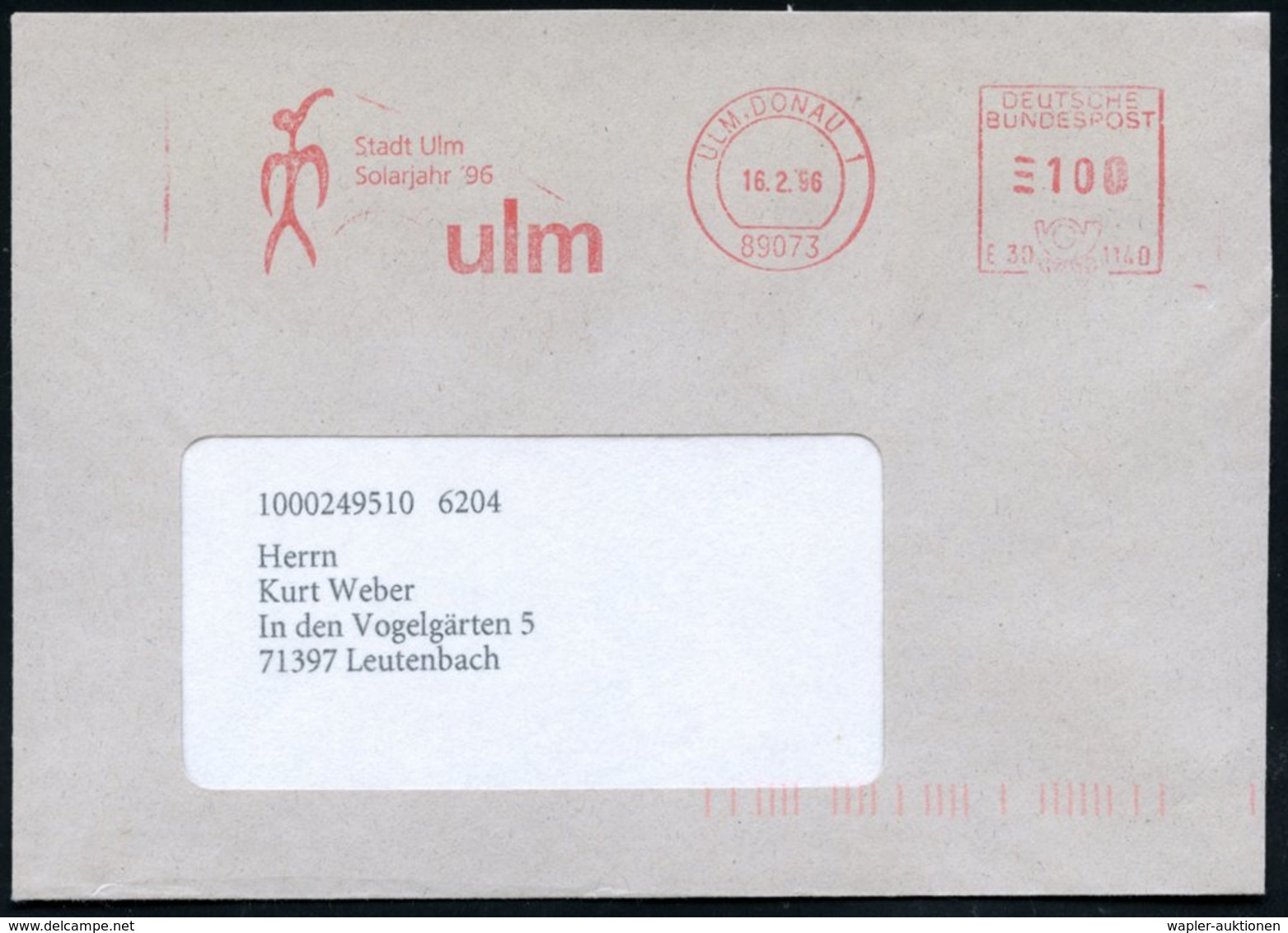 1996 (16.2.) 89073 ULM, DONAU 1, Absender-Freistempel: Stadt Ulm, Solarjahr '96 (Figur) Kommunalbrief - Rohstoff- U. Ene - Other & Unclassified