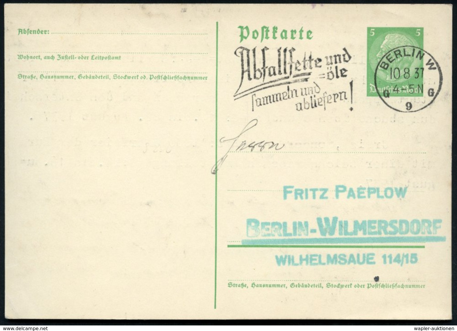 1937 (10.8.) BERLIN W 9, Maschinen-Werbestempel: Abfallfette U. -öle Sammeln U. Abliefern!, Ortskarte (Bo.S 252 A , Nur  - Other & Unclassified