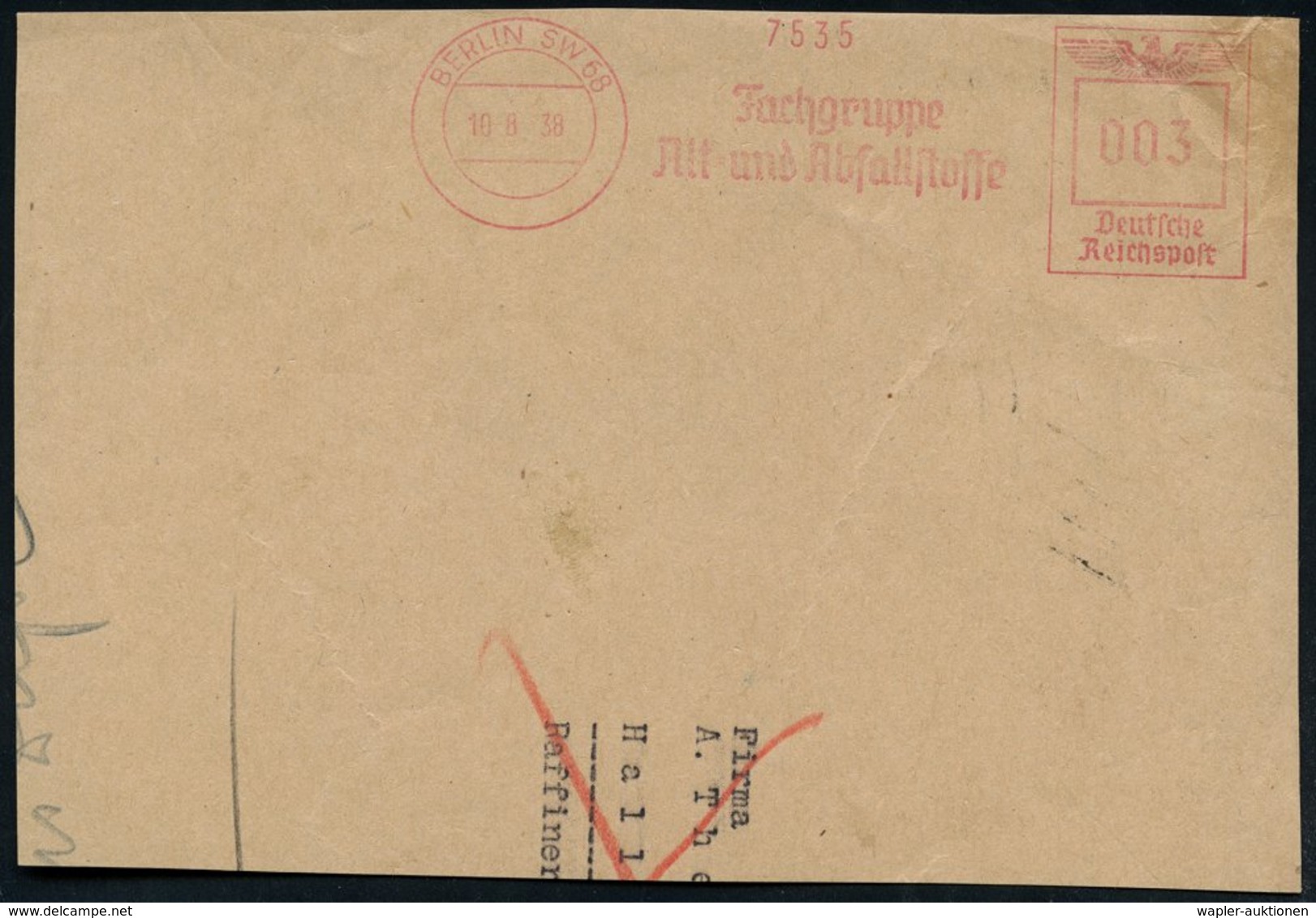 1938 (10.8.) BERLIN SW 68, Absender-Freistempel: Fachgruppe Alt- U. Abfallstoffe, Großes Briefstück - Altstoff-Verwertun - Other & Unclassified