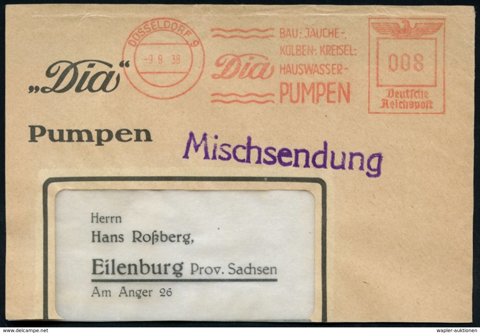 1938 (9.9.) DÜSSELDORF 9, Absender-Freistempel: Dia BAU-, JAUCHE-, Kolben-, KREISEL-, HAUSWASSER-PUMPEN (Wellen) Teil-Vo - Other & Unclassified