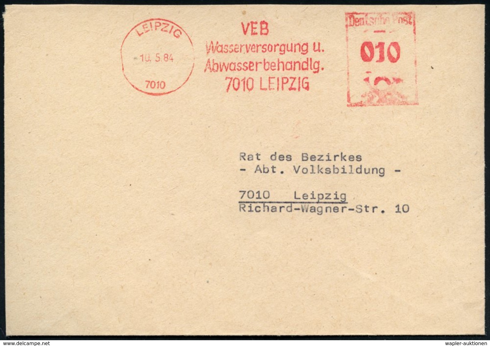 1984 (10.5.) 7010 LEIPZIG, Absender-Freistempel: VEB Wasserversorgung U. Abwasserbehandlg., Ortsbrief - Altstoff-Verwert - Other & Unclassified