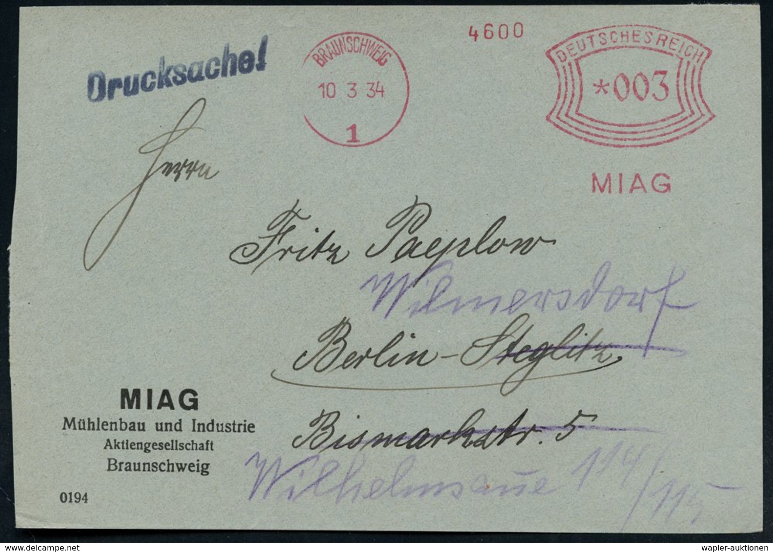 1934 (10.3.) BRAUNSCHWEIG 1, Absender-Freistempel: M I A G  = M(ühlenbau Und) I(ndustrie) A.G.  (ab 1925 Mühlenbau, Im I - Other & Unclassified