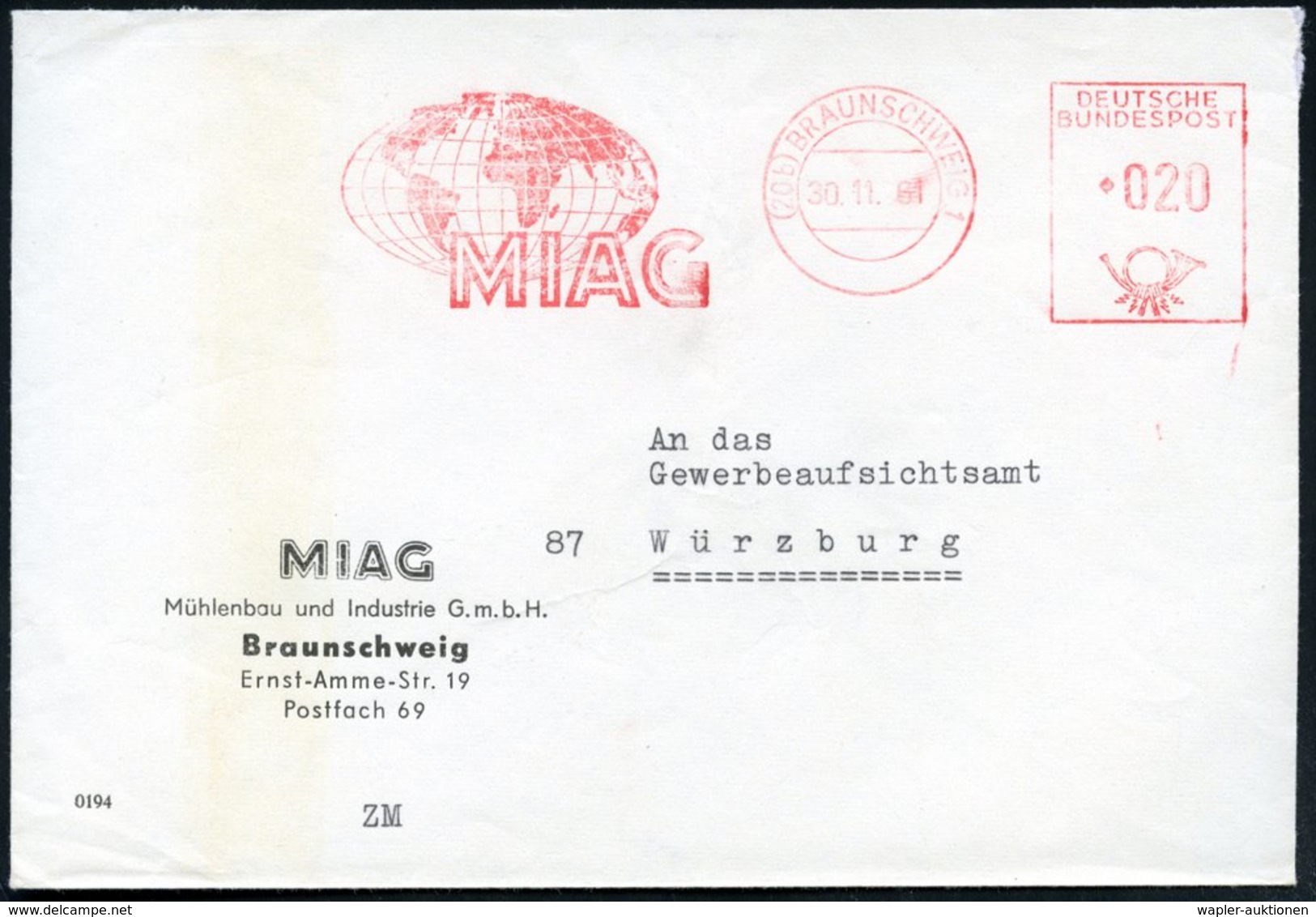 1961 (30.11.) (20 B) BRAUNSCHWEIG 1, Absender-Freistempel: M I A G  = M(ühlenbau Und) I(ndustrie) A.G.  (ab 1925 Mühlenb - Other & Unclassified