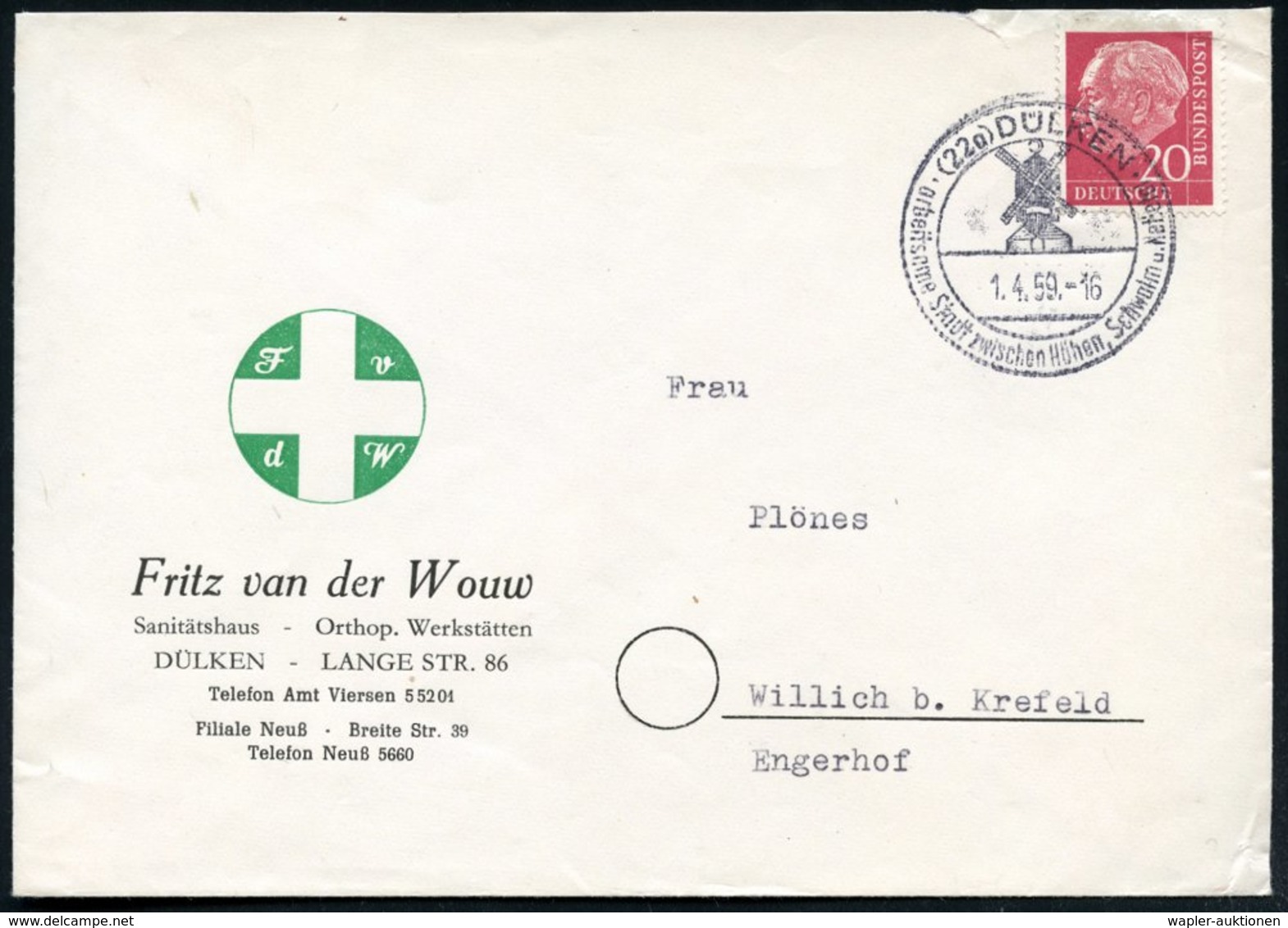 1959 (1.4.) (22 A) DÜLKEN, Handwerbestempel: ..arbeitsame Stadt.. = Windmühle Auf Firmenbrief: Sanitätshaus Fritz Van De - Other & Unclassified