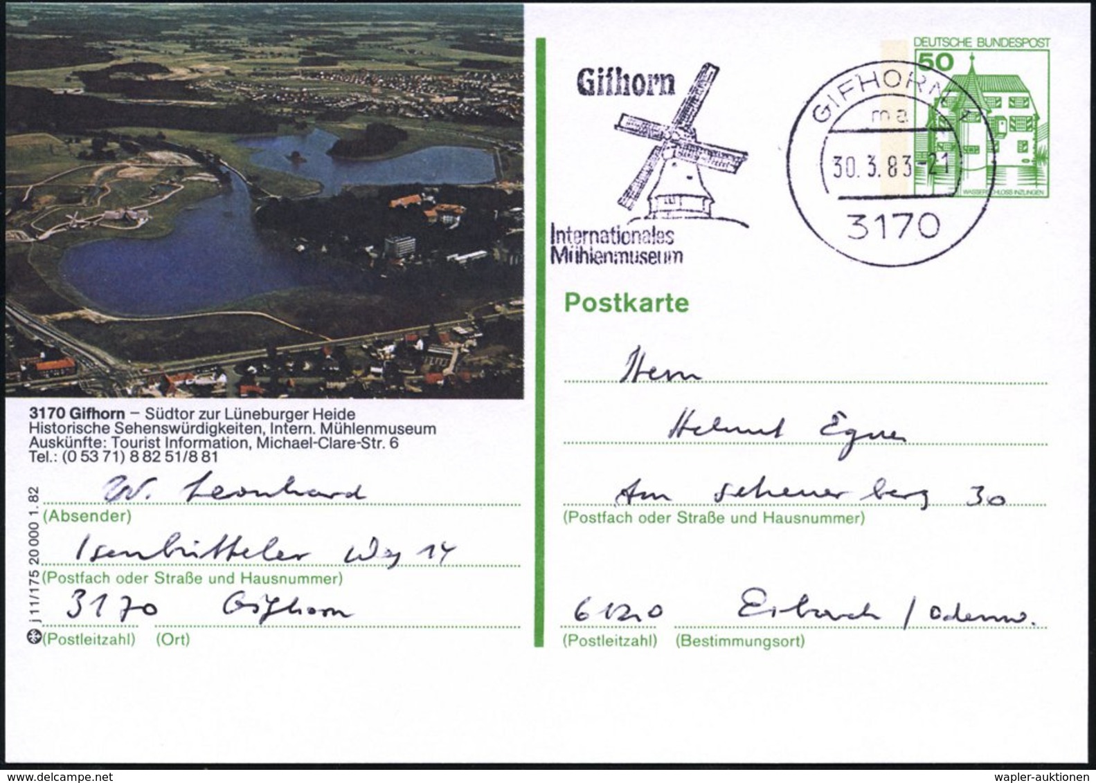 1983 (30.3.) 3170 GIFHORN 1, Maschinen-Werbestempel: Internat. Mühlenmuseum = Windmühle Auf Ortsgleicher Bild-Ganzsache  - Other & Unclassified