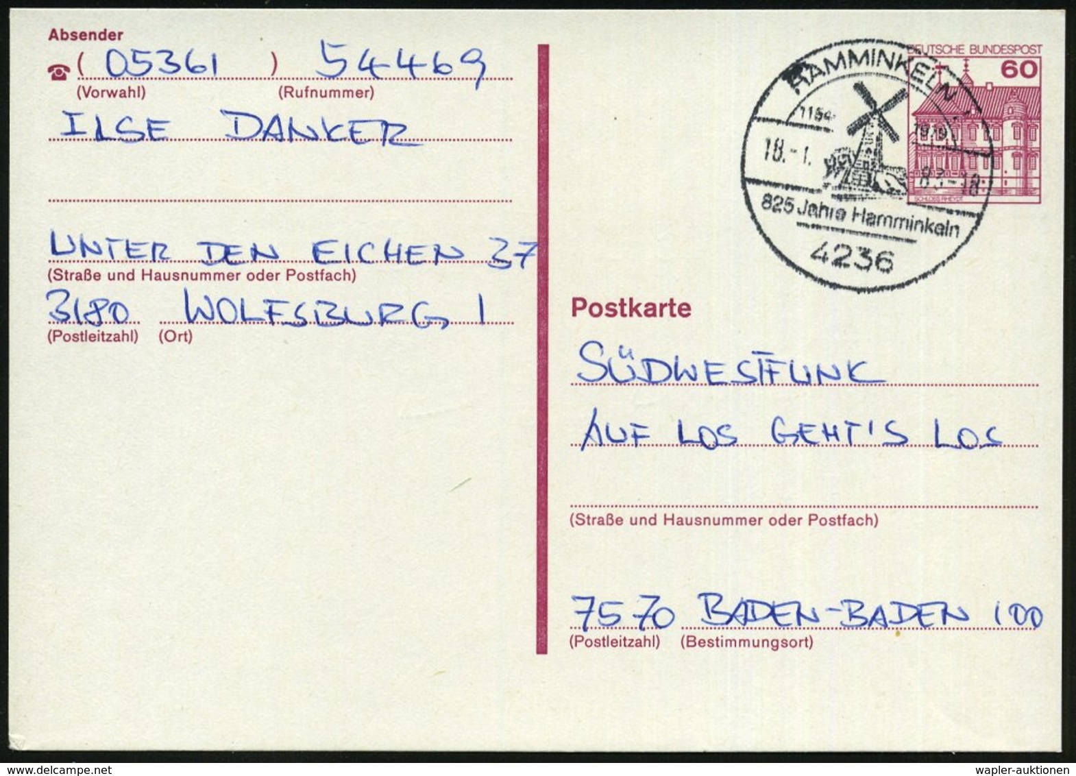 1983 4236 HAMMINKELN 1, Handwerbestempel: 825 Jahre Hamminkeln = Windmühle, Bedarfskarte (Bo.1) - Wasser- Und Windmühlen - Other & Unclassified