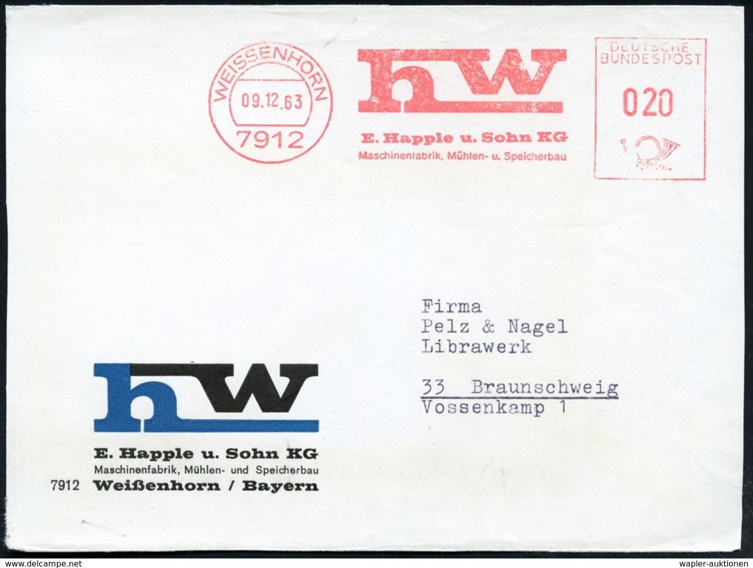 1963 (9.12.) 7912 WEISSENHORN, Absender-Freistempel: H W, E. Happle U. Sohn KG., Maschinenfabrik, Mühlen U. Speicherbau  - Other & Unclassified