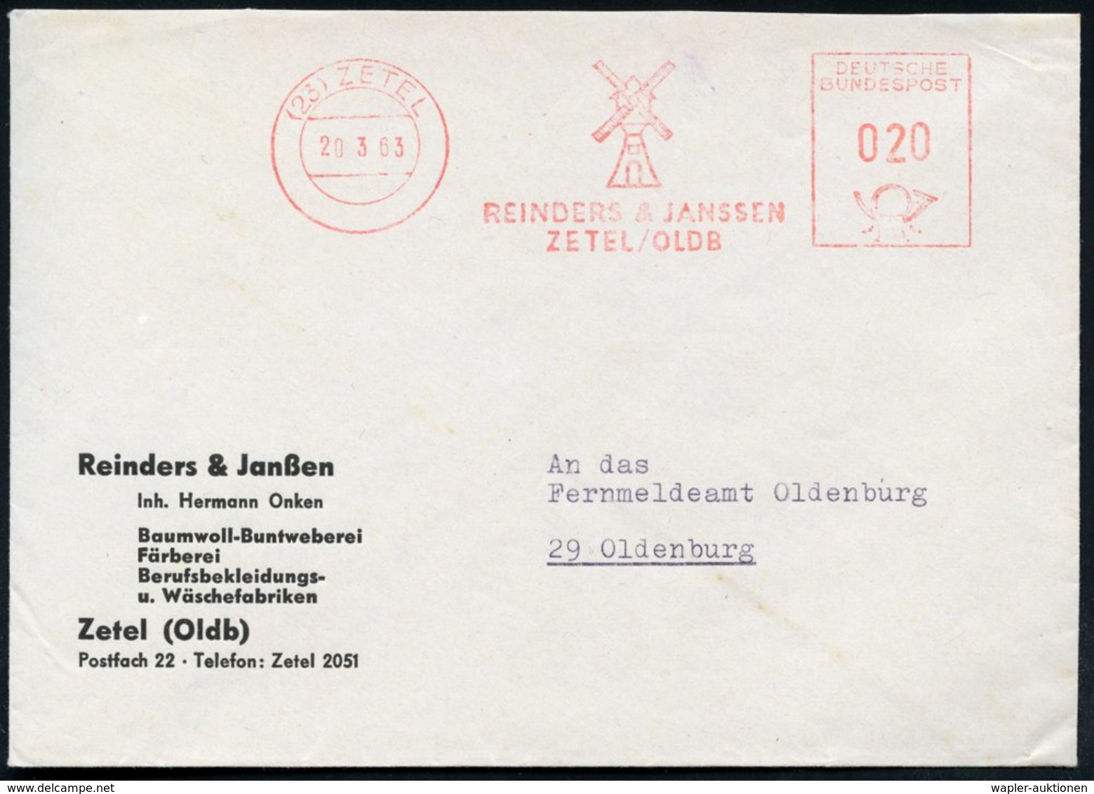 1963 (20.3.) (23) ZETEL, Absender-Freistempel Mit Alter PLZ: REINDERS & JANSSEN.. (Windmühle) Firmenbrief: Baumwoll-Bunt - Autres & Non Classés