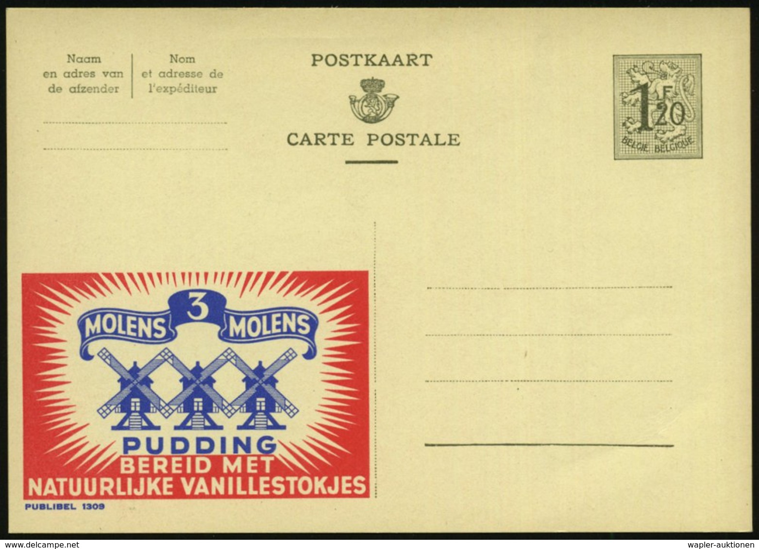 1954 BELGIEN, 1,20 F. Publibel-Ganzsache: 3 MOLENS PUDDING... (3 Windmühlen) Ungebr. (Mi.P 289 II / 1309) - Wasser- Und  - Other & Unclassified