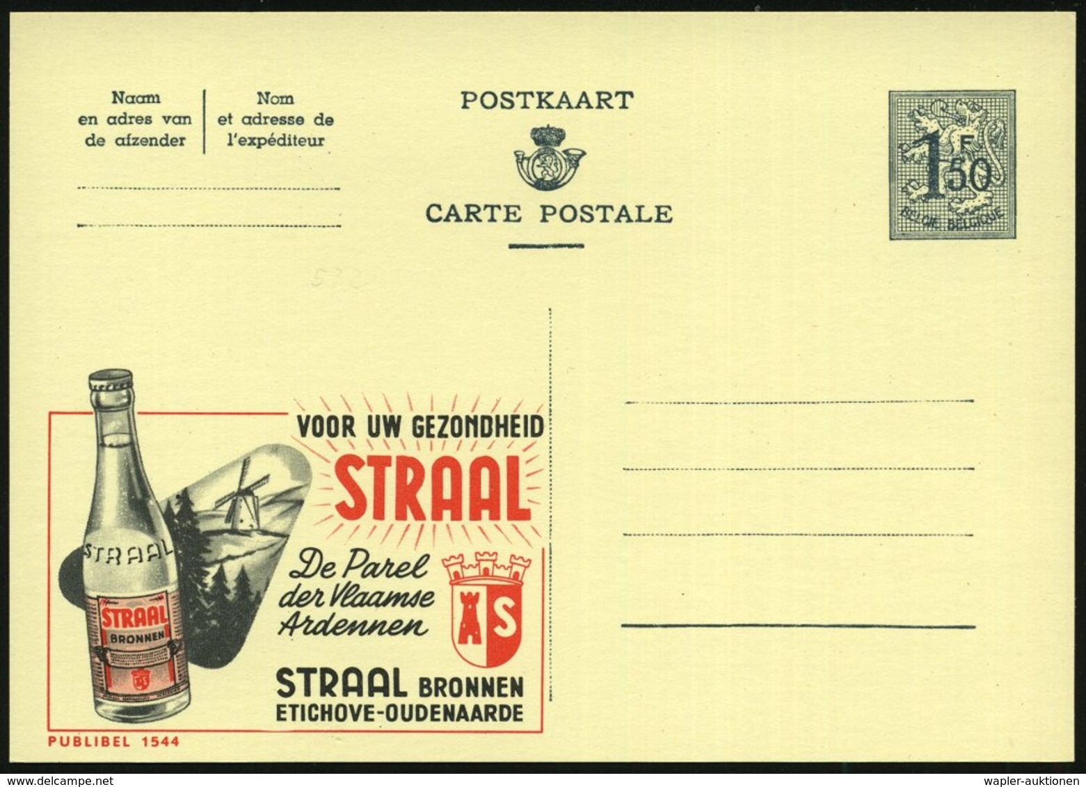 1959 BELGIEN, 1,50 F. Publibel-Ganzsache: VOOR UW GEZONDHEID.. "STRAAL" BRONNEN (Mineralwasserflasche U. Windmühle) Unge - Other & Unclassified