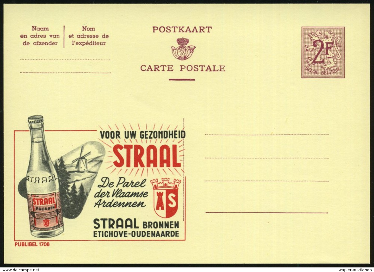 1959 BELGIEN, 2 F. Publibel-Ganzsache: VOOR UW GEZONDHEID.. "STRAAL" BRONNEN (Mineralwasserflasche U. Windmühle) Ungebr. - Autres & Non Classés