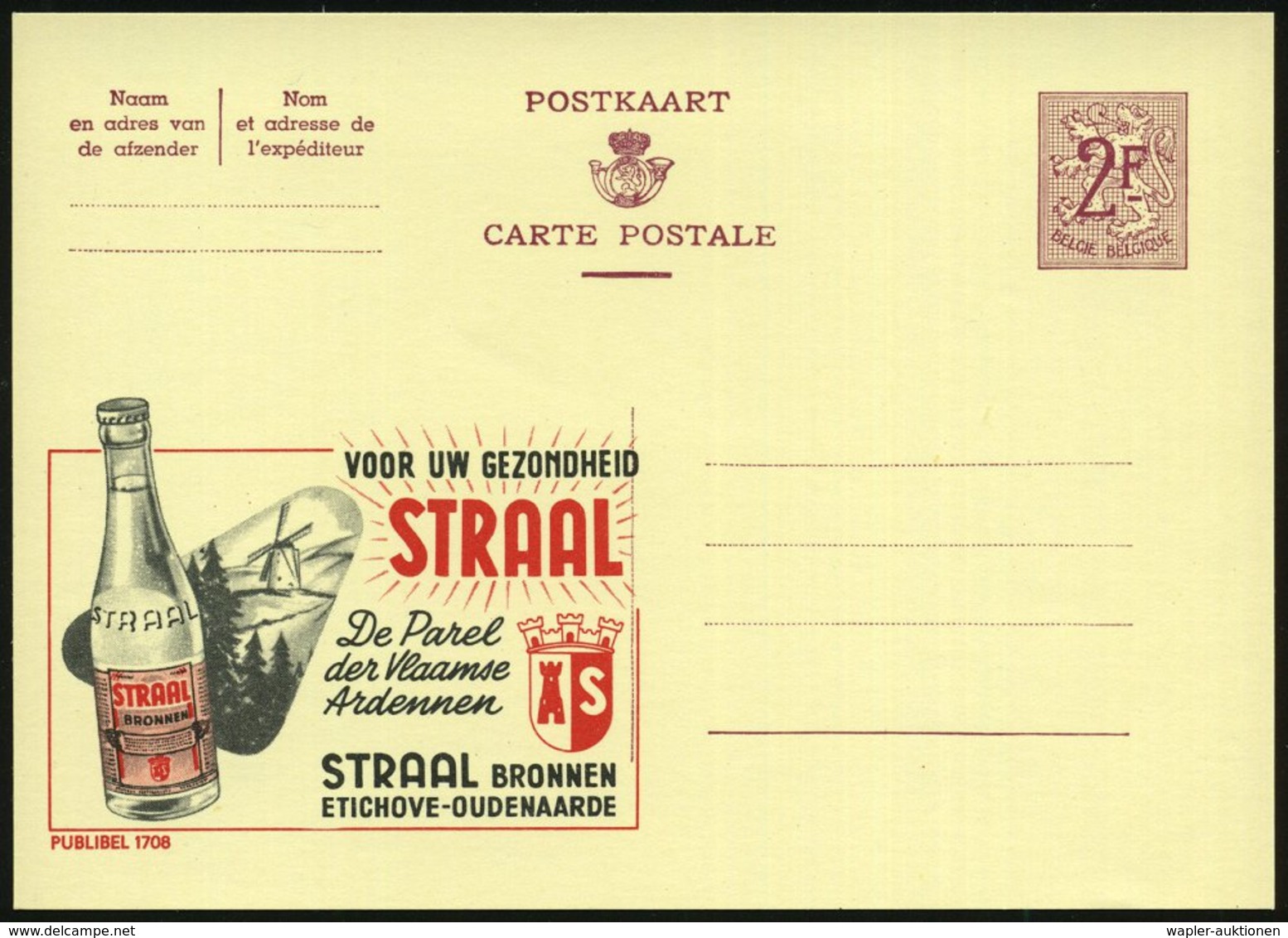 1959 BELGIEN, 2 F. Publibel-Ganzsache: VOOR UW GEZONDHEID.. "STRAAL" BRONNEN (Mineralwasserflasche U. Windmühle) Ungebr. - Other & Unclassified