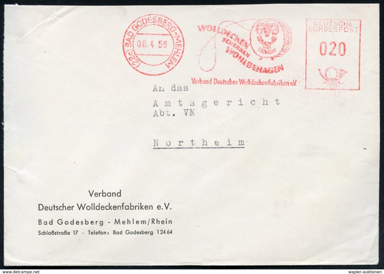 1956 (6.4.) (22 C) BAD GODESBERG-MEHLEM, Absender-Freistempel: WOLLDECKEN SCHENKEN WOHLBEHAGEN, Verband Deutscher Wollde - Other & Unclassified