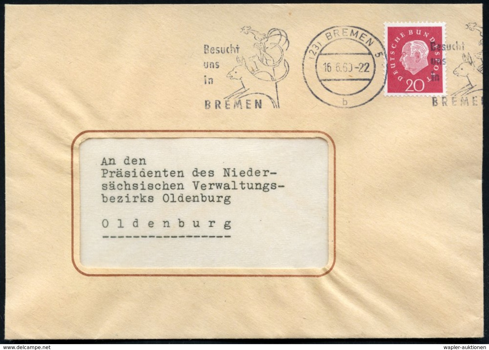 1960 (16.6.) (23) BREMEN 5, Band-Maschinenstempel: Besucht Uns In BREMEN = "Bremer Stadtmusikanten" (Esel, Hund, Katze,  - Other & Unclassified