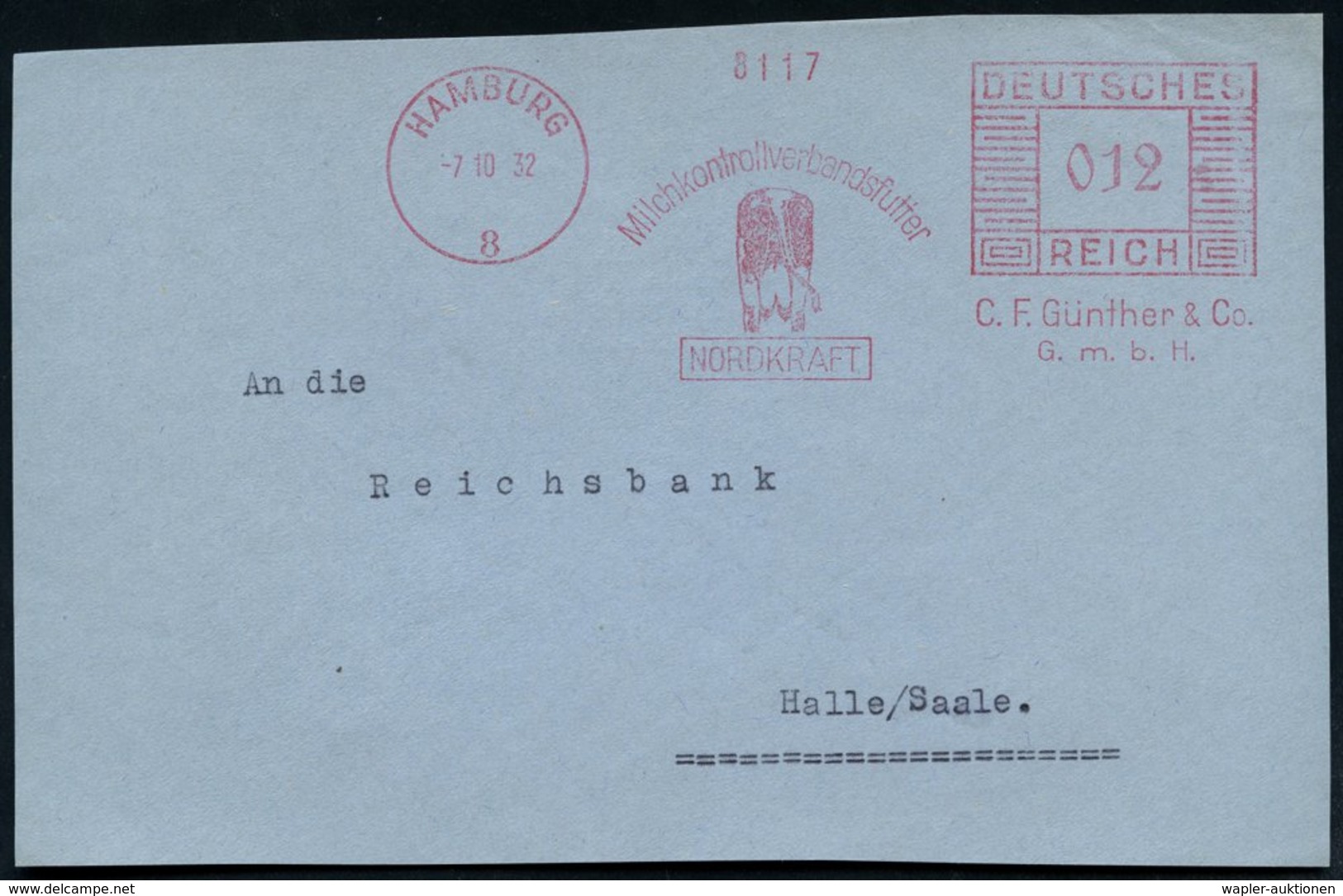 1932 (7.10.) HAMBURG 8, Absender-Freistempel: Milchkontrollverbandsfutter NORDKRAFT, C.F. Günther & Co. (Kuh Von Hinten) - Other & Unclassified