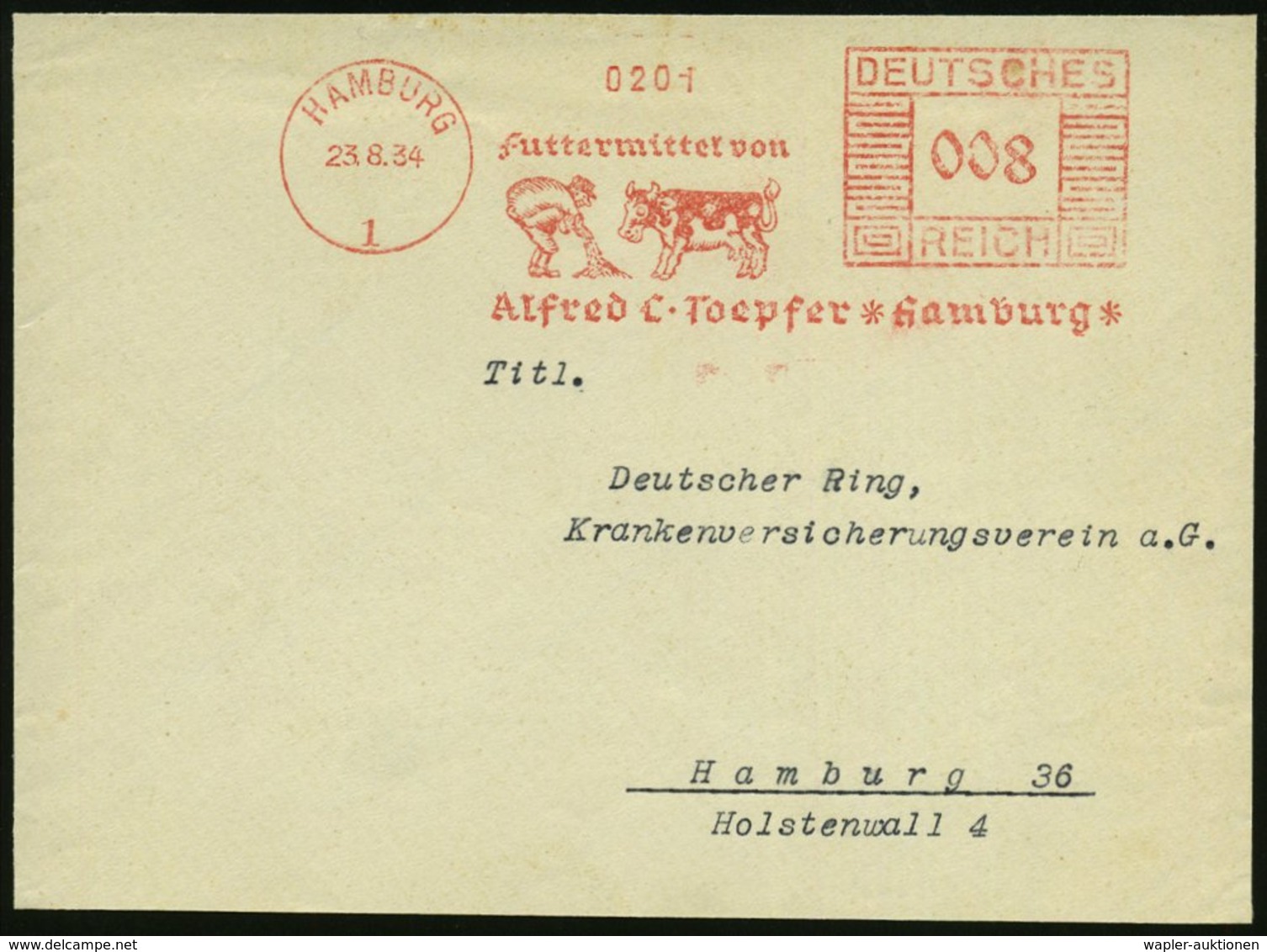 1934 (23.8.) HAMBURG 1, Absender-Freistempel: Futtermittel Von Alfred C. Toepfer.. (Bauer Füttert Kuh) Bedarfs-Vordersei - Other & Unclassified