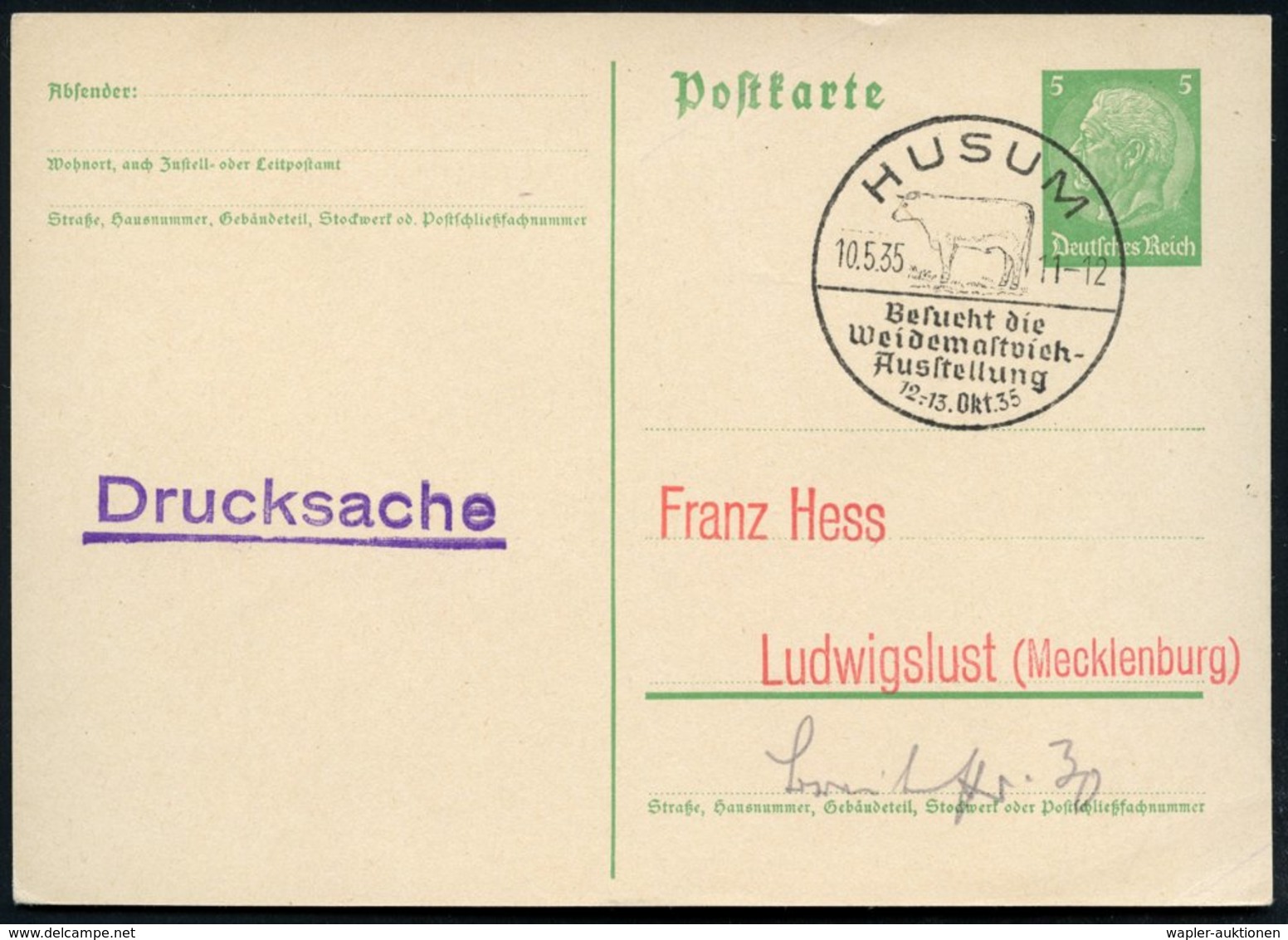 1935 (10.5.) HUSUM, Handwerbestempel: Besucht Die Weidemastvieh-Ausstellung (= Rind) Inl.-Karte (Bo.1) - Nutztiere / Dom - Other & Unclassified