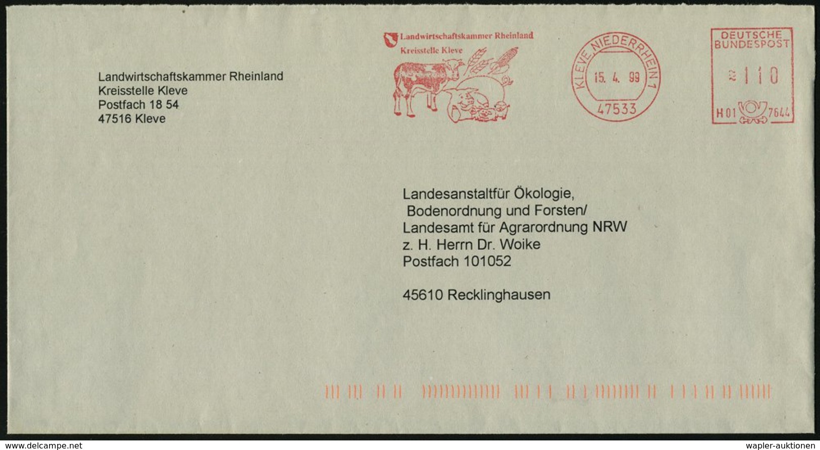 1999 47533 KLEVE, NIEDERRHEIN 1: Landwirtschaftskammer Rheinland.. = Kuh, Schwein Mit Ferkeln, Ähren, Maiskolben, Dienst - Sonstige & Ohne Zuordnung