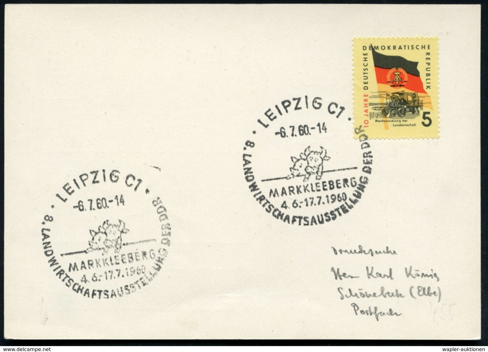 1960 (6.7.) LEIPZIG C 1, Sonderstempel: MARKKLEEBERG, 8. LANDWIRTSCHAFTSAUSSTELLUNG DER DDR (Schwein, Rind) Inl.-Karte ( - Other & Unclassified