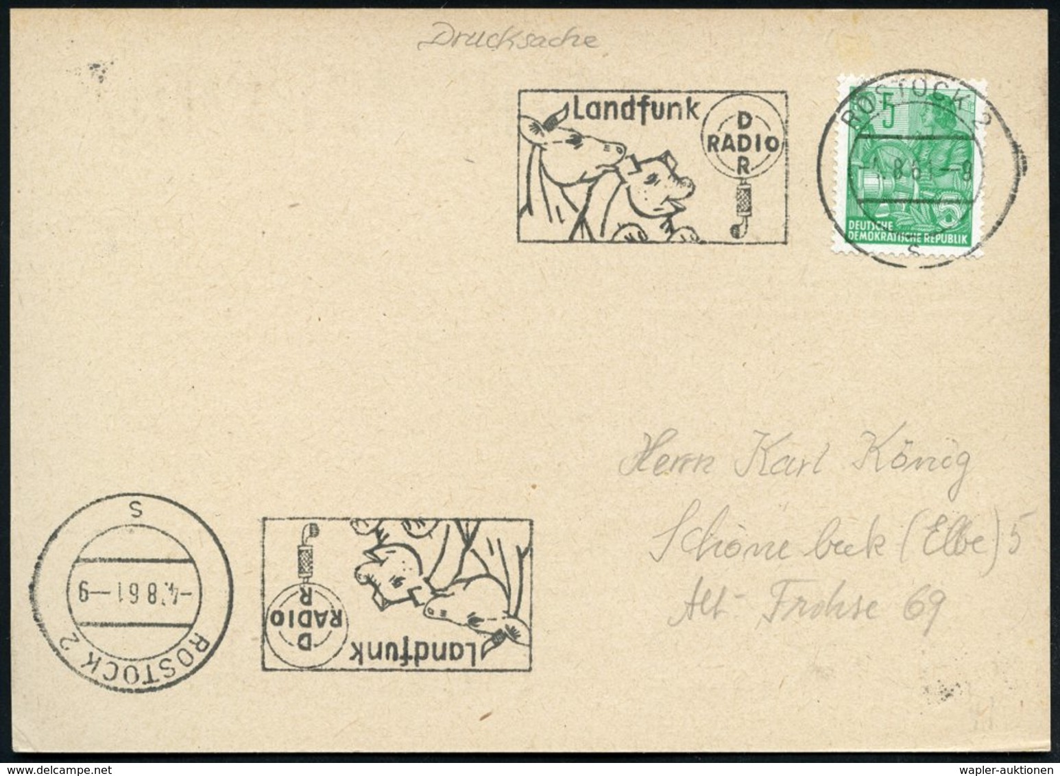 1961 (Aug.) ROSTOCK 2, Maschinen-Werbestempel: Landfunk RADIO DDR = Rind U. Schwein Vor Mikrophon, Inl.-Karte (Bo.41 A , - Other & Unclassified