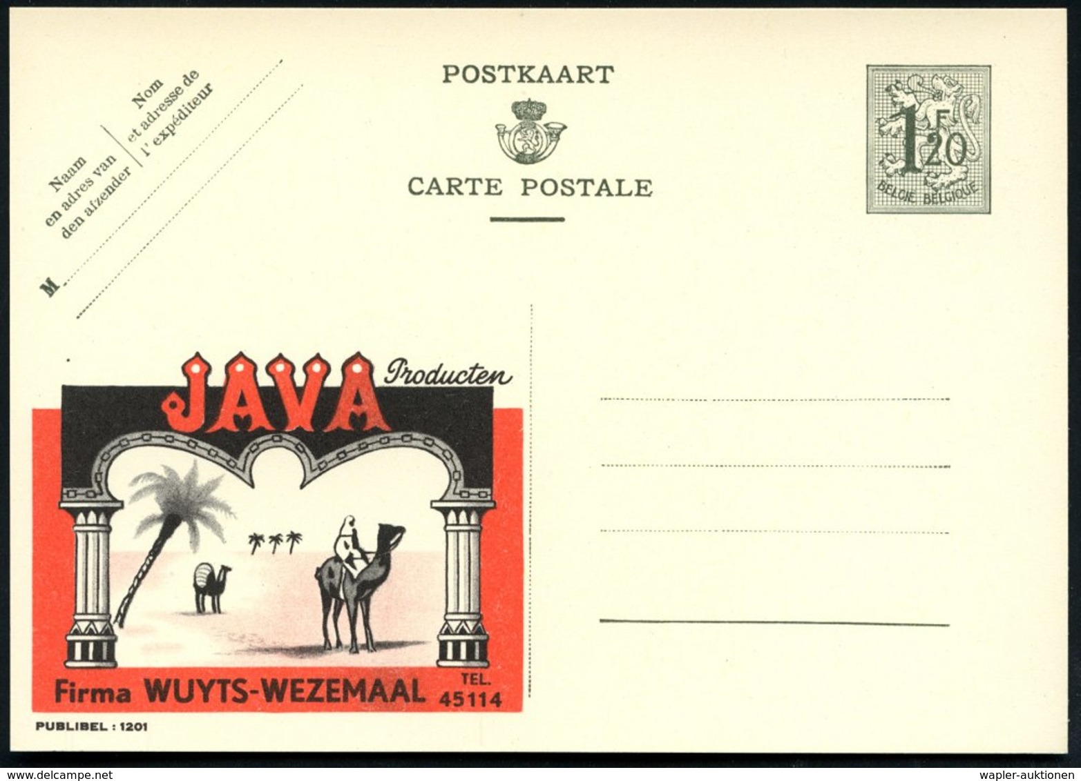 1952 BELGIEN, 1,20 F. Publibel-Ganzsache: JAVA Producten.. = Kamel-Reiter, Lastkamel, Palme (Mi.283 II / 1201) - Nutztie - Other & Unclassified