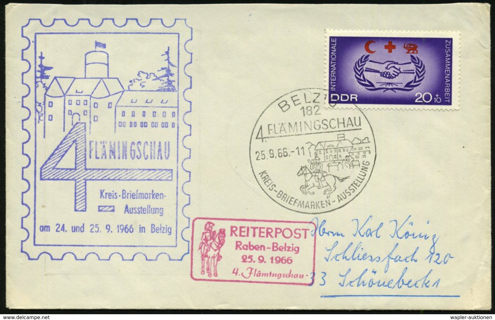 1966 (25.9.) 182 BELZIG, Sonderstempel: 4. FLÄMINGSCHAU.. (= Postreiter U. Burg Eisenhart) + Roter Nebenstempel: REITERP - Other & Unclassified