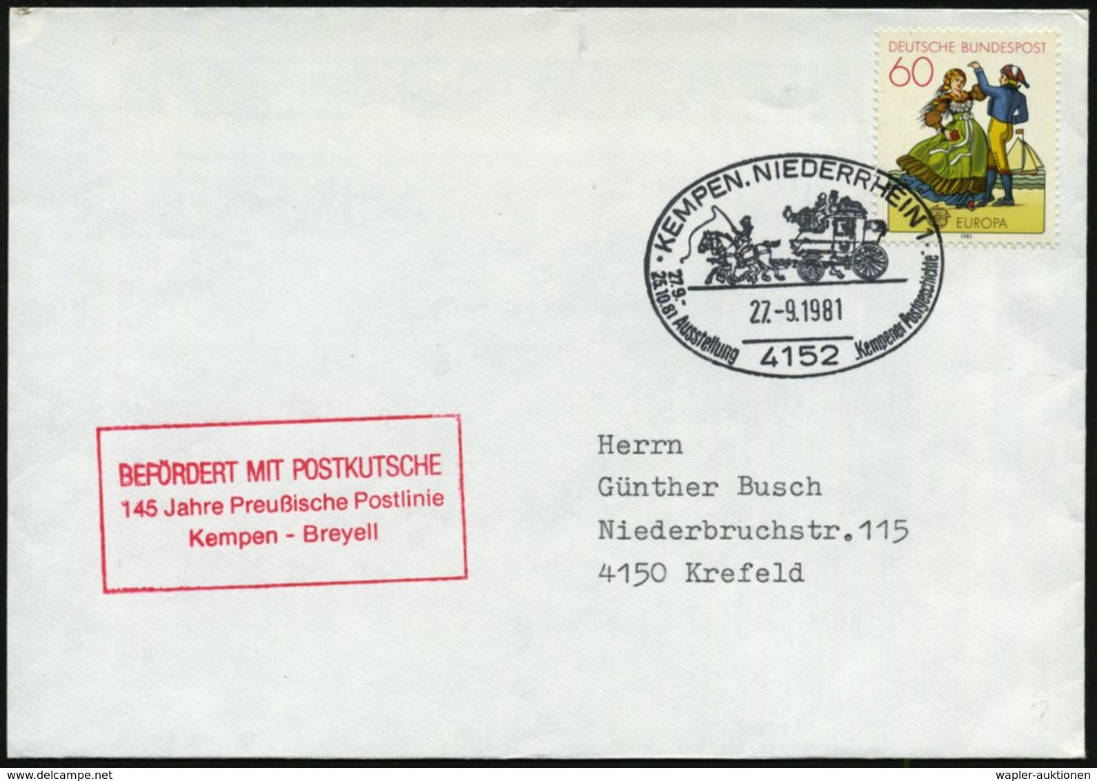 1981 (27.9.) 4152 KEMPEN, NIEDERRHEIN  1, Sonderstempel: Ausstellung "Kempener Postgeschichte" = Postkutsche + Nebenstem - Other & Unclassified