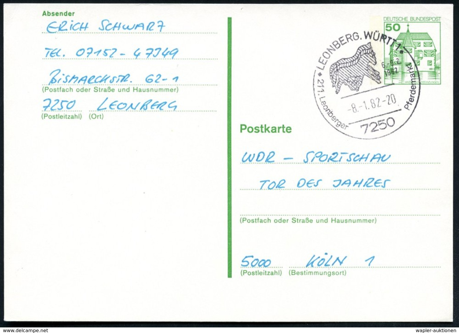 1982 7250 LEONBERG, WÜRTT 1, Sonderstempel: 211. Leonberger Pferdemarkt (3 Pferde-Silhouetten) Bedarfskarte (Bo.49) - Pf - Other & Unclassified