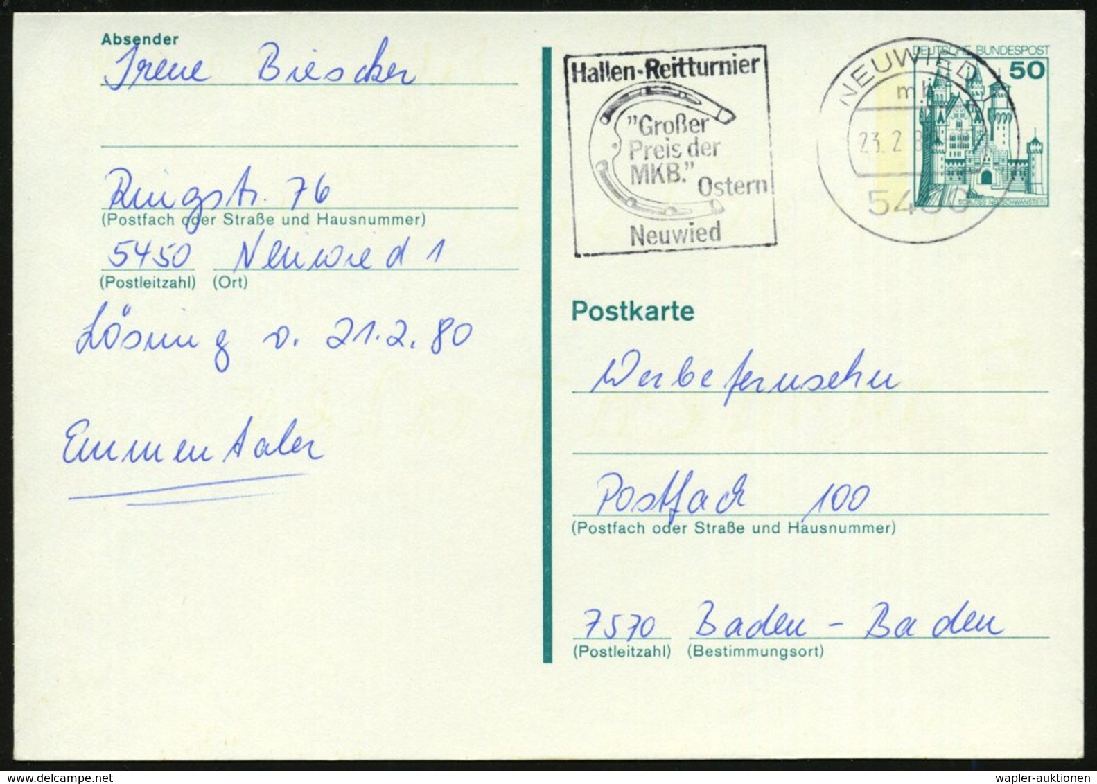 1980 (23.2.) 5450 NEUWIED 1, Maschinen-Werbestempel: Hallen-Reiturnier "Großer Preis Der MKB", Ostern.. (Hufeisen) Bedar - Other & Unclassified