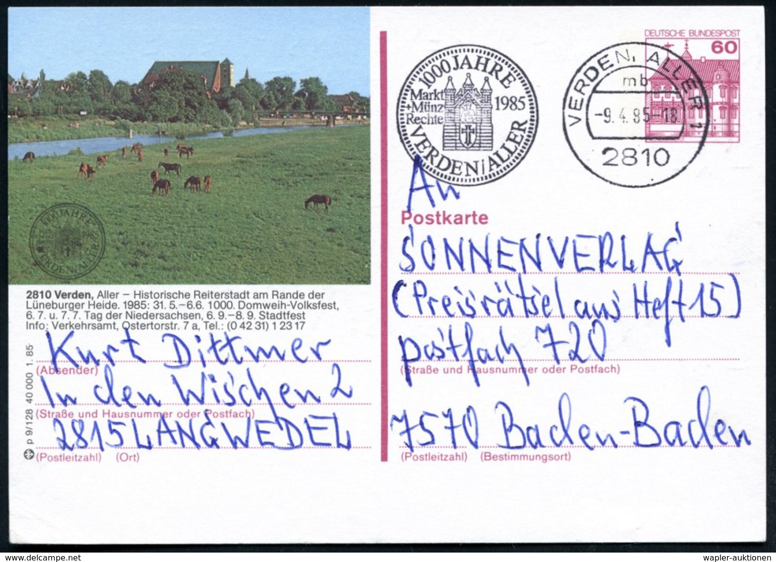 1985 (Apr.) 2810 Verden, 60 Pf. Bild-Ganzsache Burgen: Historische Reiterstadt.. 1000. Domweih-Volksfest.. (Mi.P 138 = P - Other & Unclassified