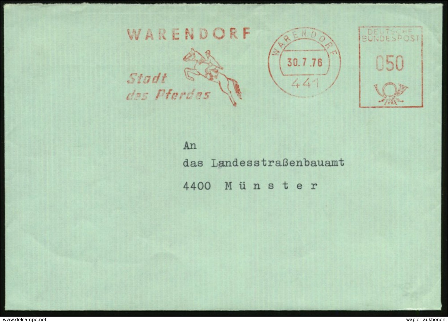 1976 (30.7.) 441 WARENDORF, Absender-Freistempel: Stadt Des Pferdes (Springturnier-Reiter) Kommunalbrief - Pferd / Horse - Other & Unclassified