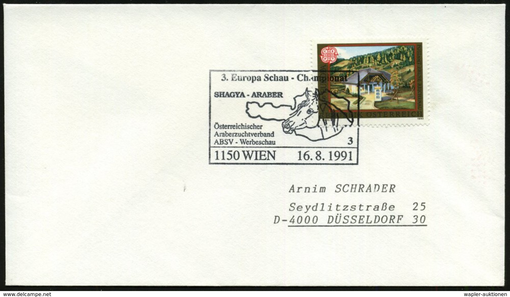 1991 (16.8.) ÖSTERREICH, Sonderstempel: 1150 WIEN, 3. Europa-Schau-Championat, SHAGYA - ARABER.. (Pferdekopf) Ausl.-Brie - Sonstige & Ohne Zuordnung