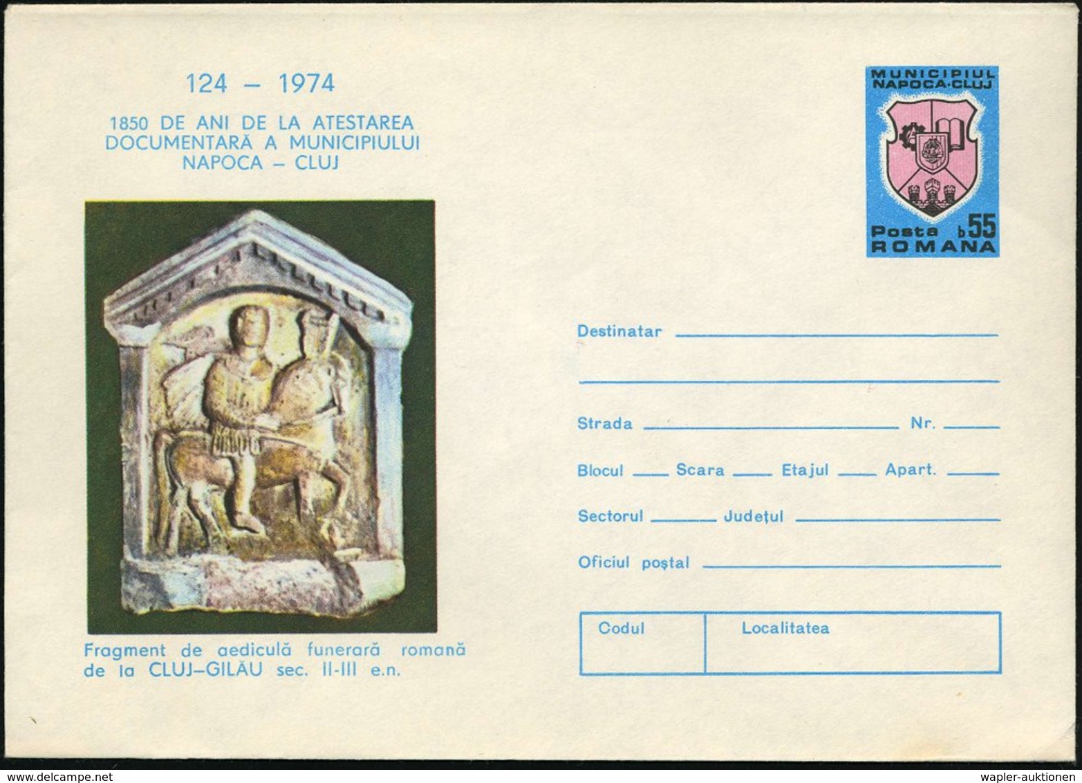 1974 RUMÄNIEN, 55 L. Sonder-Ganzsachenumschlag: 1850 Jahre Napoca - Cluj = Römisches Grabmal Eines Kavalleristen (II-III - Other & Unclassified