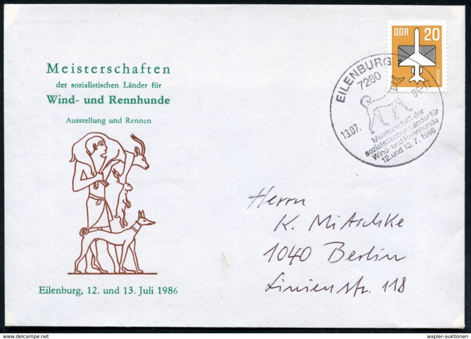 1986 (13.7..) 7280 EILENBURG 1, Sonderstempel: Meisterschaft Der.. Wind- U. Rennhunde 1986 (Windhund) Auf Motivgleichem  - Other & Unclassified