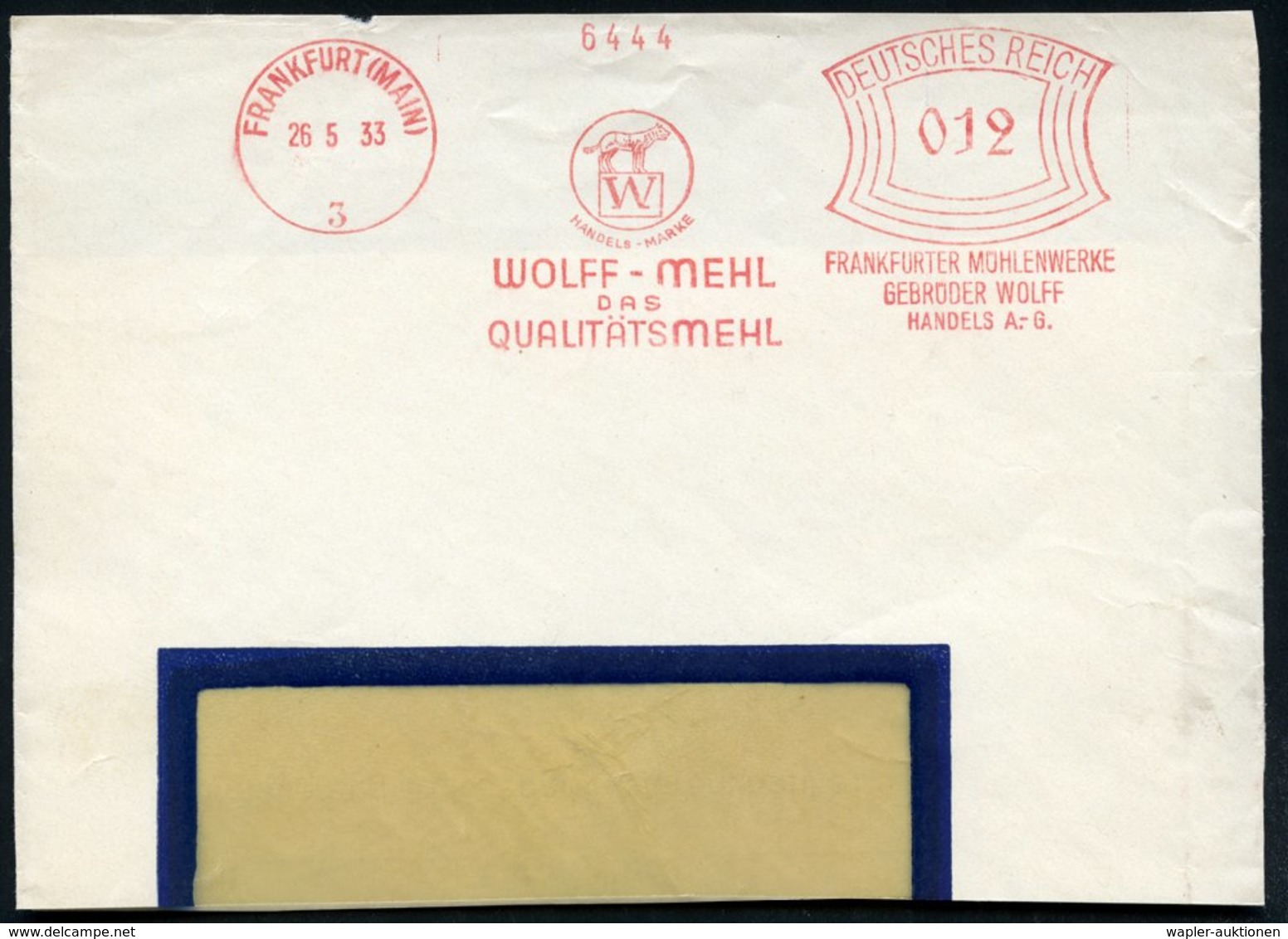 1933 (26.5.) FRANKFURT (MAIN), Absender-Freistempel: WOLFF-MEHL.. FRANKFURTER MÜHLENWERKE.. (Logo Mit Wolf) Teil-Vorders - Other & Unclassified