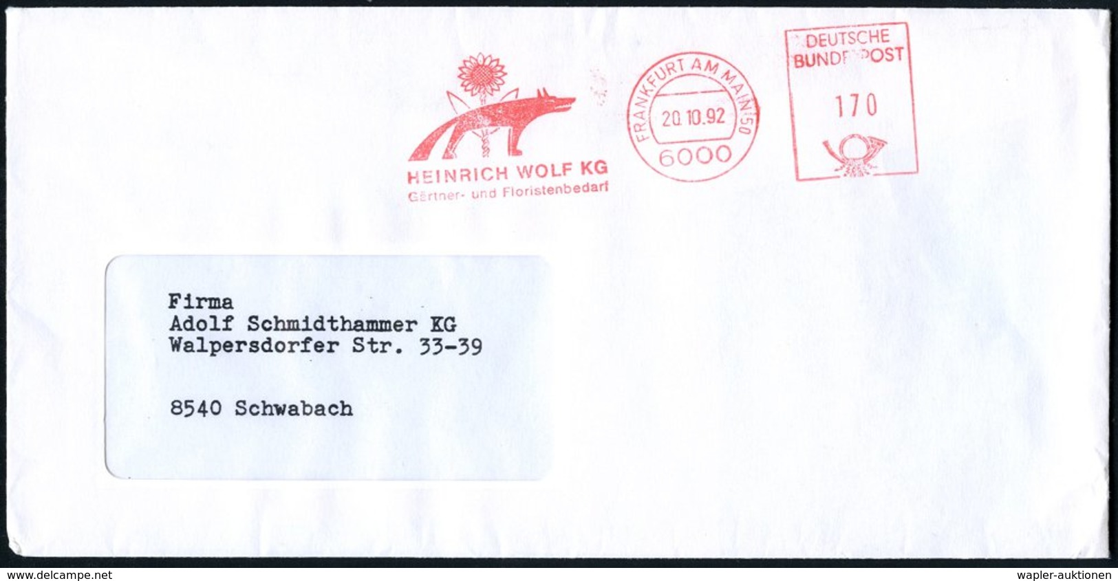 1992 (20.10.) 6000 FRANKFURT AM MAIN 50, Absender-Freistempel: HEINRICH WOLF KG, Gärtner- U. Floristenbedarf = Wolf (vor - Other & Unclassified