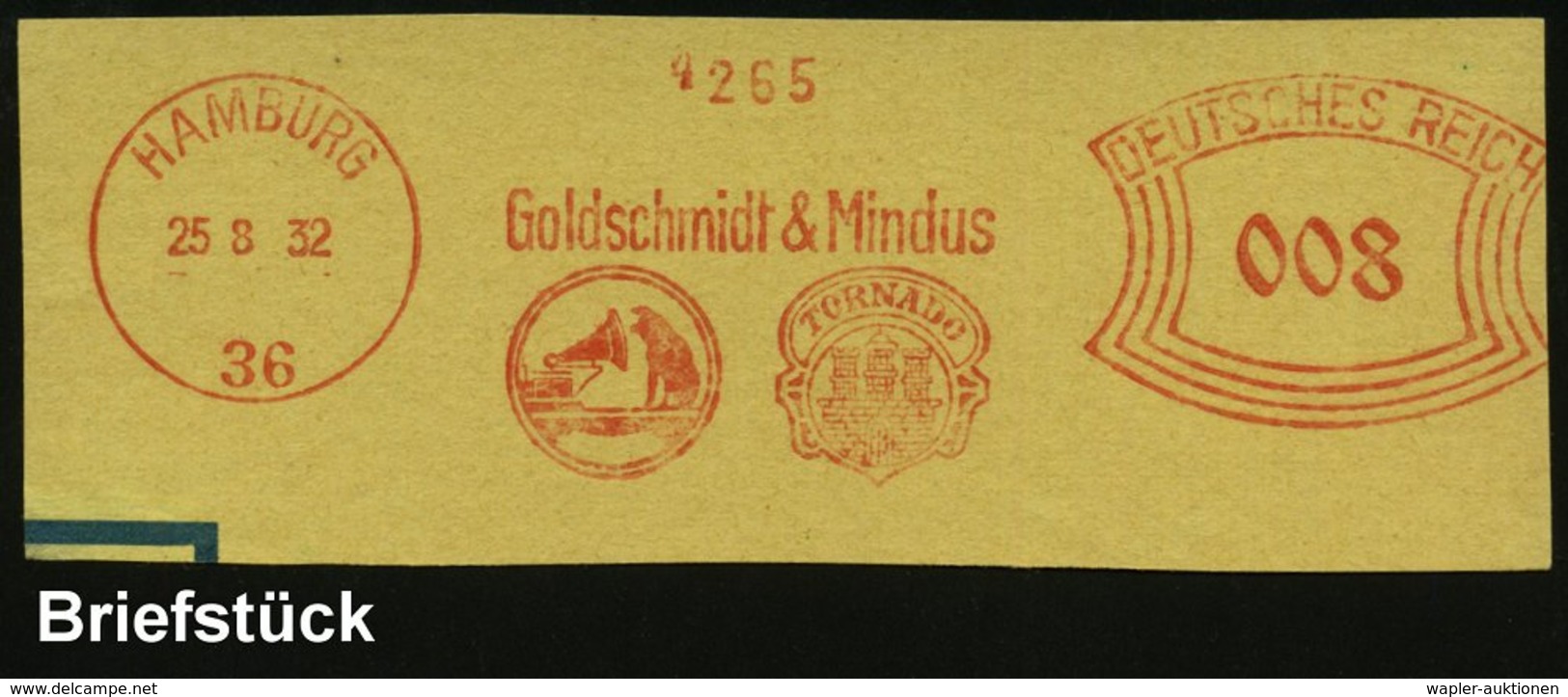 1932 (25.8.) HAMBURG 36, Absender-Freistempel: Goldschmidt & Mindus.. = Hund Vor Grammophon (= "His Masters Voice", Scha - Other & Unclassified