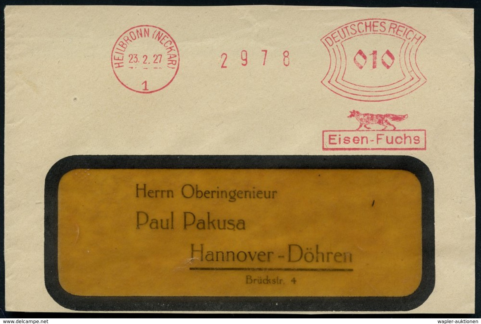 1927 (23.2.) HEILBRONN (NECKAR) 1, Absender-Freistempel: Eisen-Fuchs = Fuchs, Bedarfs-Vorderseite - Hund, Wolf, Fuchs /  - Other & Unclassified