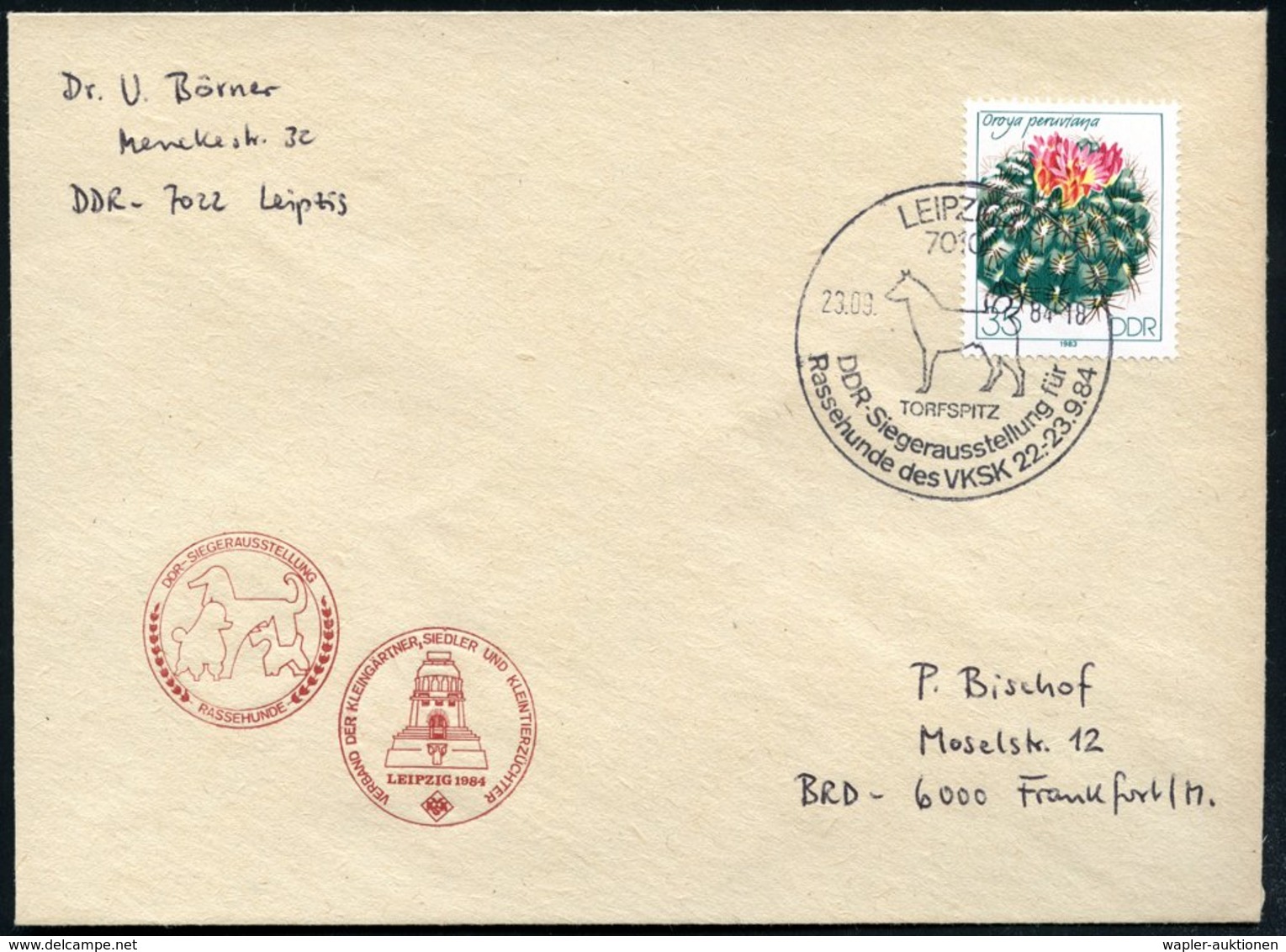 1984 (23.9.) 7010 LEIPZIG, Sonderstempel: DDR Siegerausstellung Für Rassehunde Des VKSK (Torfspitz) Auf Passendem Sonder - Other & Unclassified