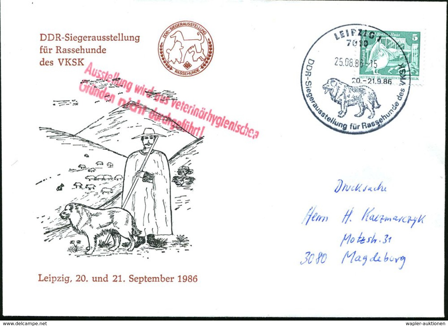 1986 (19.9.) 7010 LEIPZIG, Sonderstempel: DDR Siegerausstellung Für Rassehunde Des VKSK (Hirtenhund) + Roter Nebenstempe - Other & Unclassified