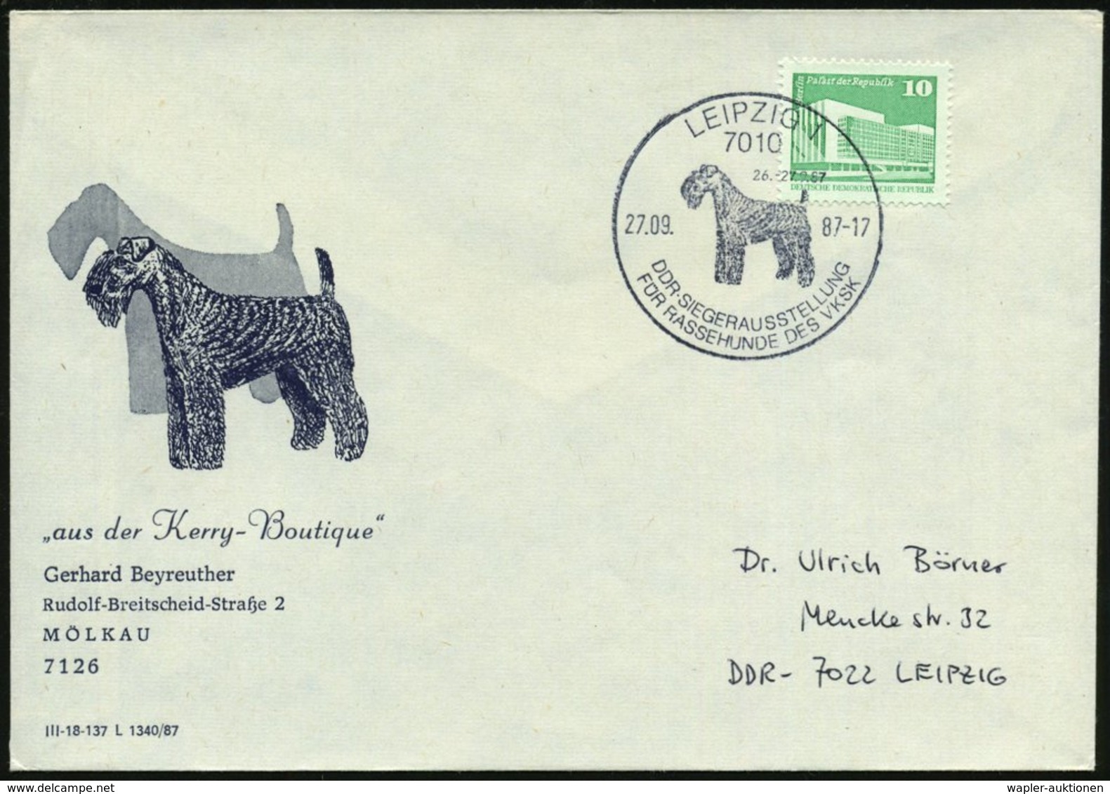 1987 (27.9.) 7010 LEIPZIG, Sonderstempel: DDR Siegerausstellung Für Rassehunde Des VKSK (Rauhaar-Terrier) Auf Passendem  - Other & Unclassified