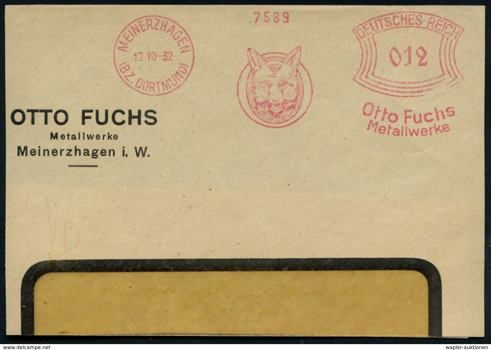 1932 (12.10.) MEINERZHAGEN, Absender-Freistempel: Otto Fuch, Metallwerke = Fuchskopf, Teil-Vorderseite - Hund, Wolf, Fuc - Other & Unclassified